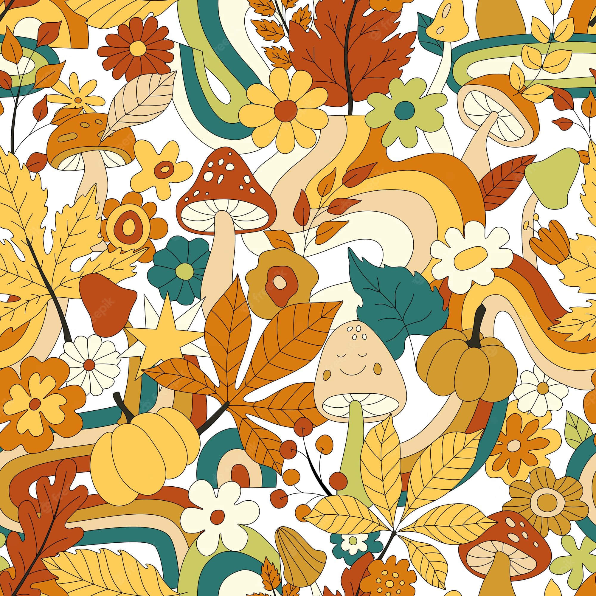 70s floral, mushroom, pumpkin, Full HD Desktop Wallpaper