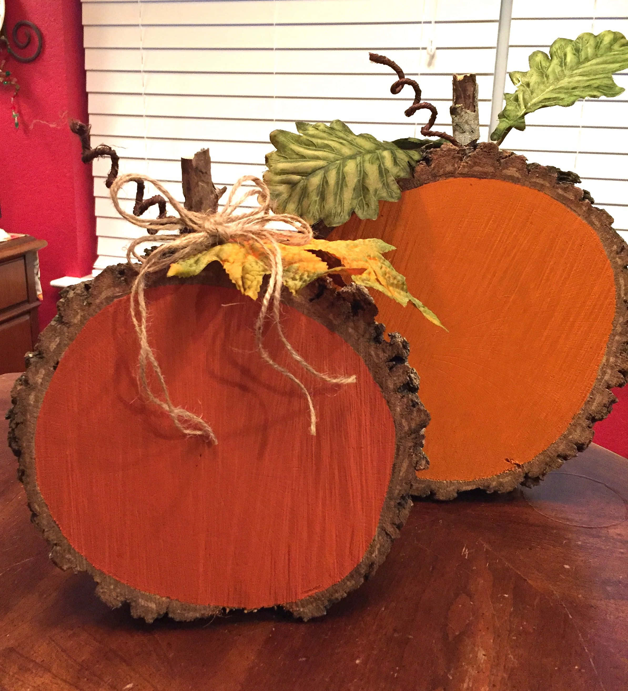 pumpkin-shaped wood slices, orange, twine bows, 2K Phone Wallpaper