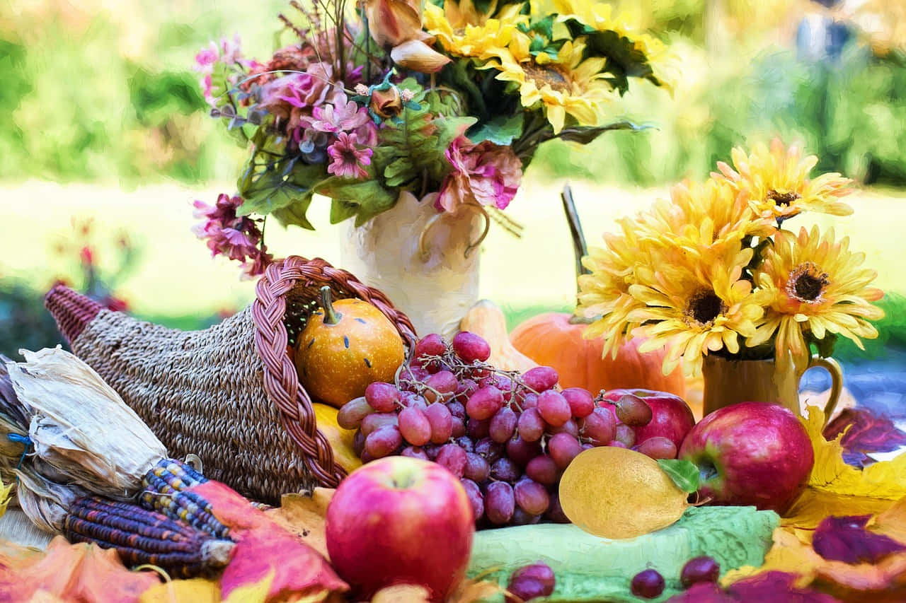 Fall Cornucopia, pumpkins, grapes, HD Desktop Wallpaper
