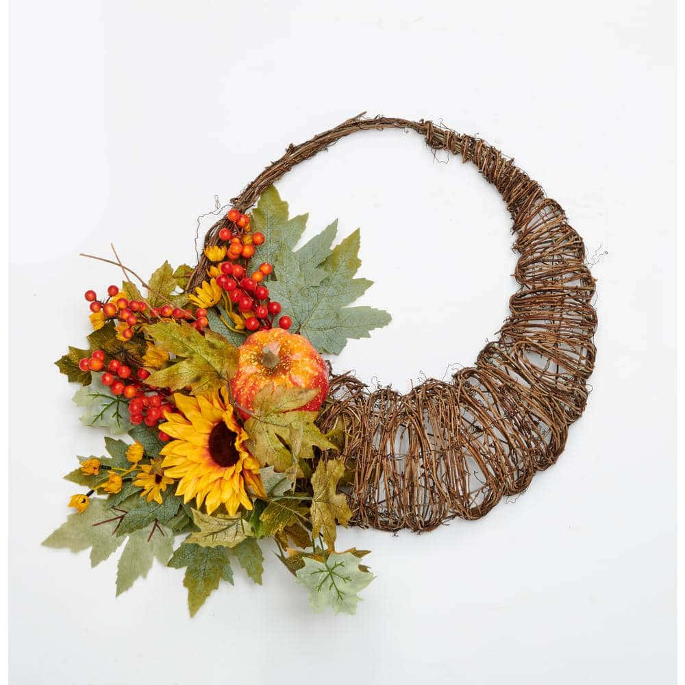 Fall Cornucopia, woven grapevine wreath, sunflowers, SD Desktop Wallpaper