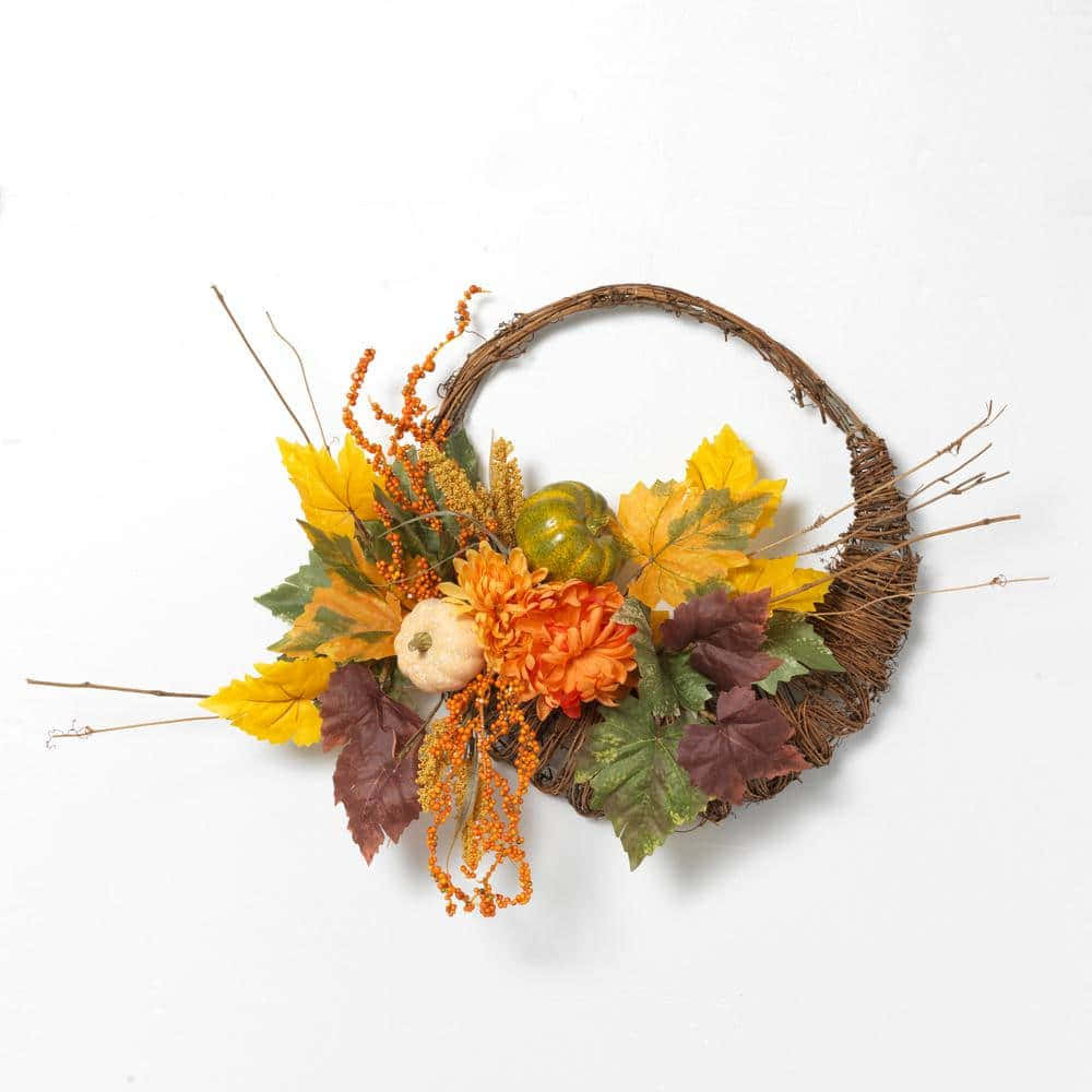Fall Cornucopia, rustic autumn wreath, orange pumpkins, SD Desktop Wallpaper