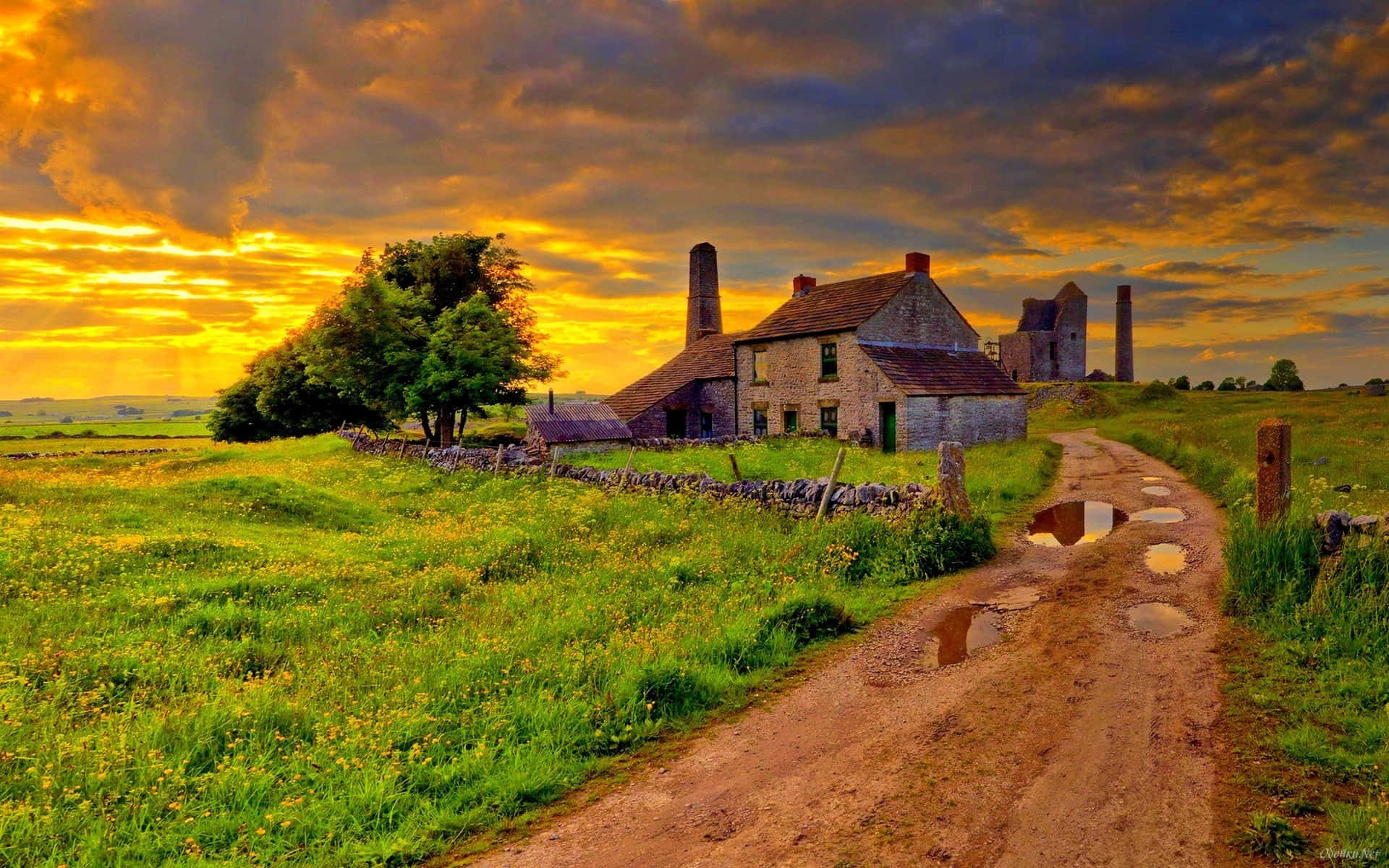 Fall Country, rustic stone farmhouse, chimneys, Full HD Desktop Wallpaper