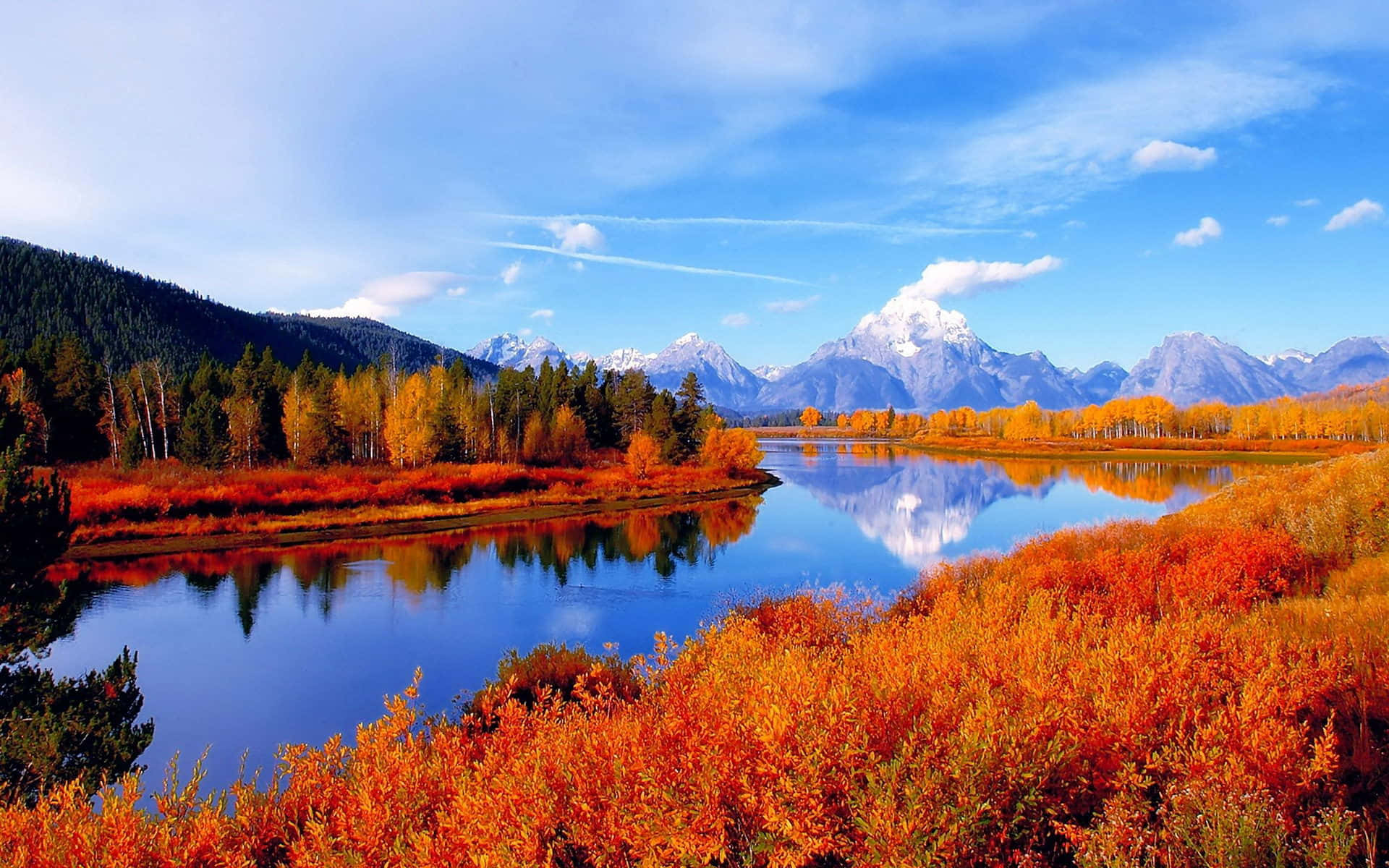 Fall Country, autumn river, snow-capped mountains, Full HD Desktop Wallpaper