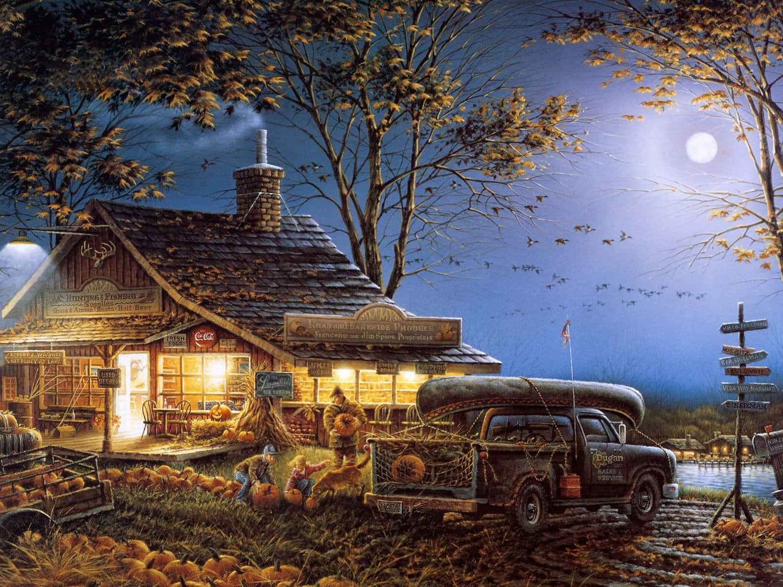 Fall Country, rustic cabin, moonlit autumn night, HD Desktop Wallpaper