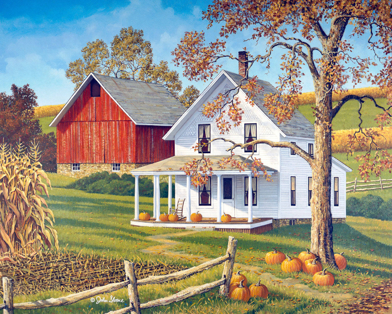 Fall Farm, white farmhouse, red barn, HD Desktop Wallpaper