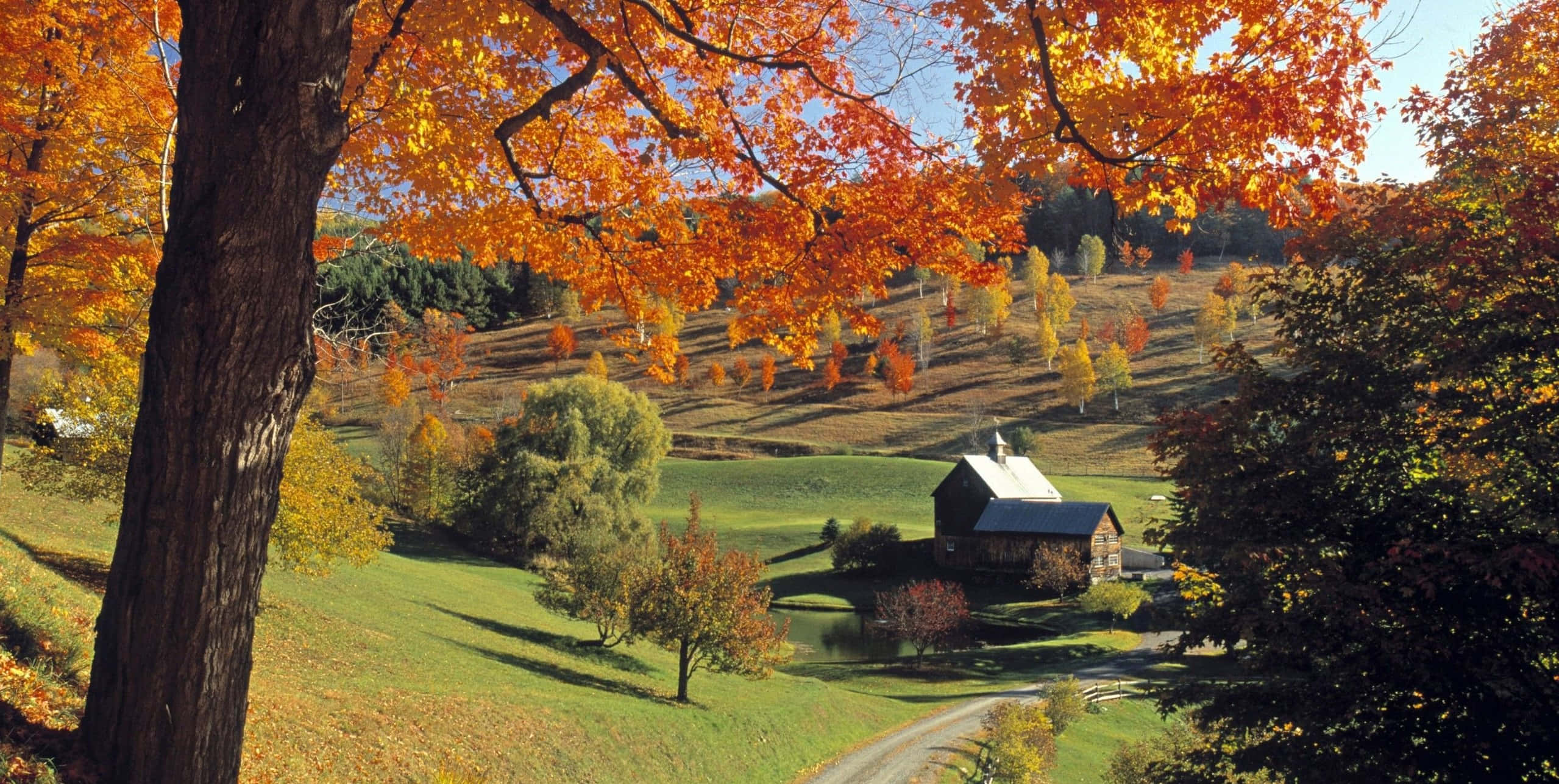 Fall Farmhouse, rustic wooden cabin, sunlit autumn valley, Full HD Desktop Wallpaper