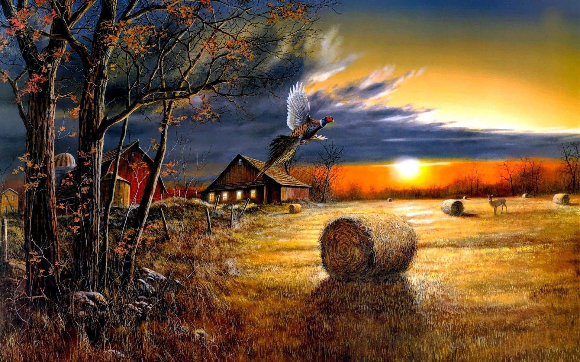 Fall Farmhouse, golden autumn farm, sunset, Full HD Desktop Wallpaper