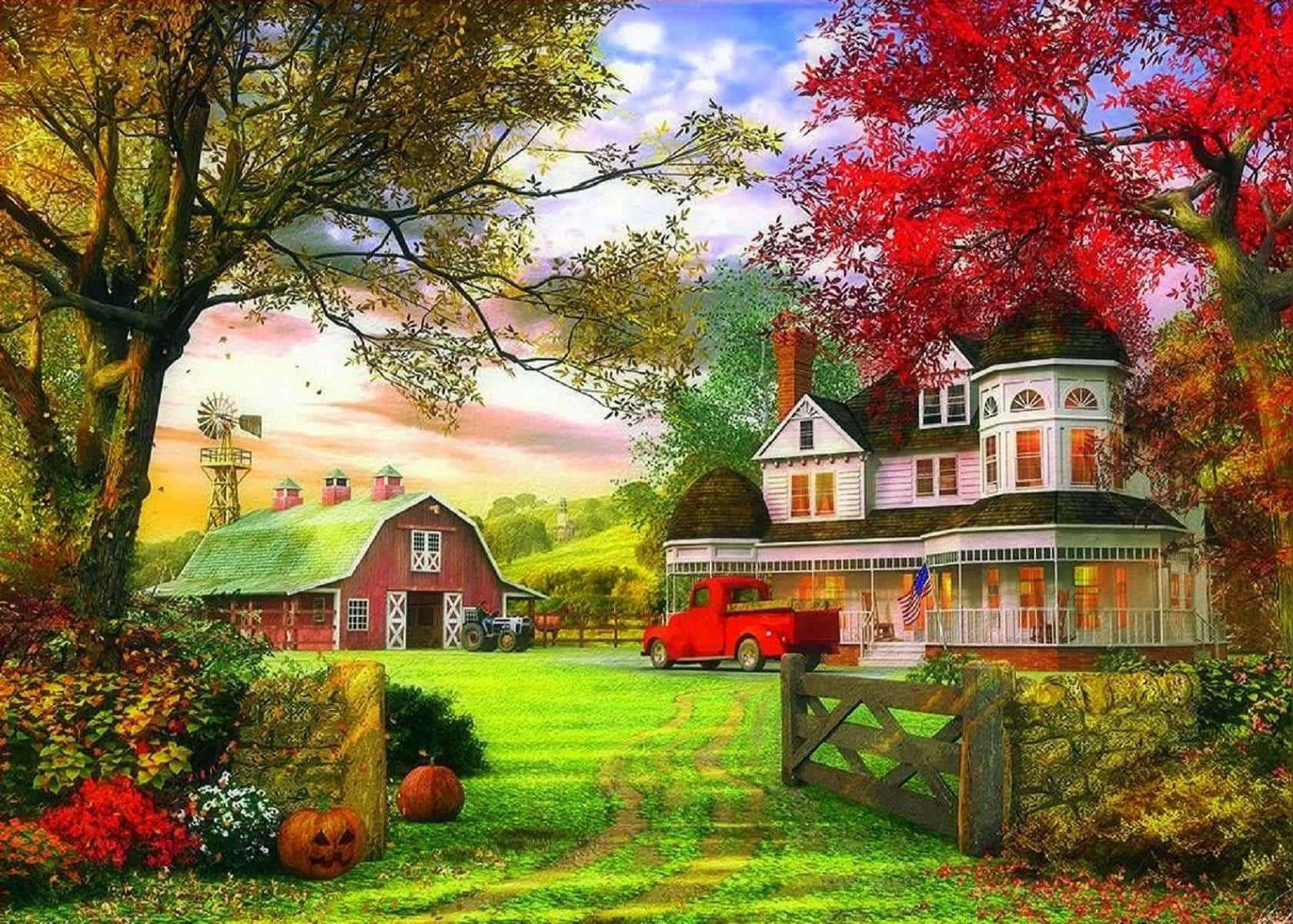 Fall Farmhouse, red barn windmill, white house, HD Desktop Wallpaper