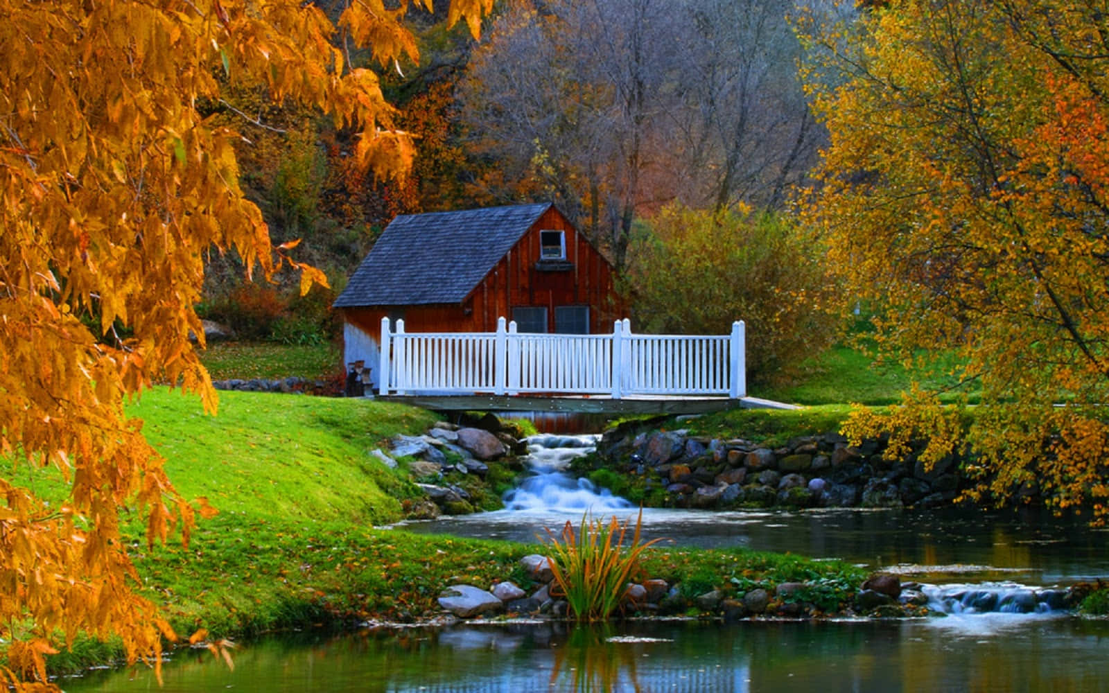 Fall Farmhouse, red wooden cabin, white fence, HD Desktop Wallpaper