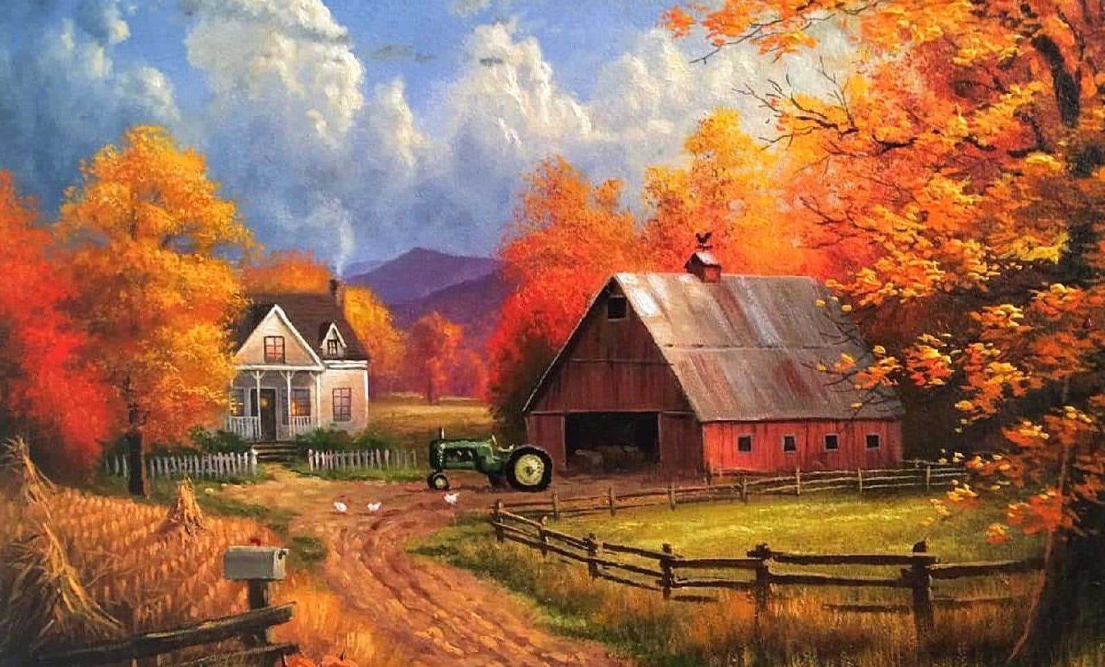 Fall Farmhouse, red barn, white farmhouse, HD Desktop Wallpaper