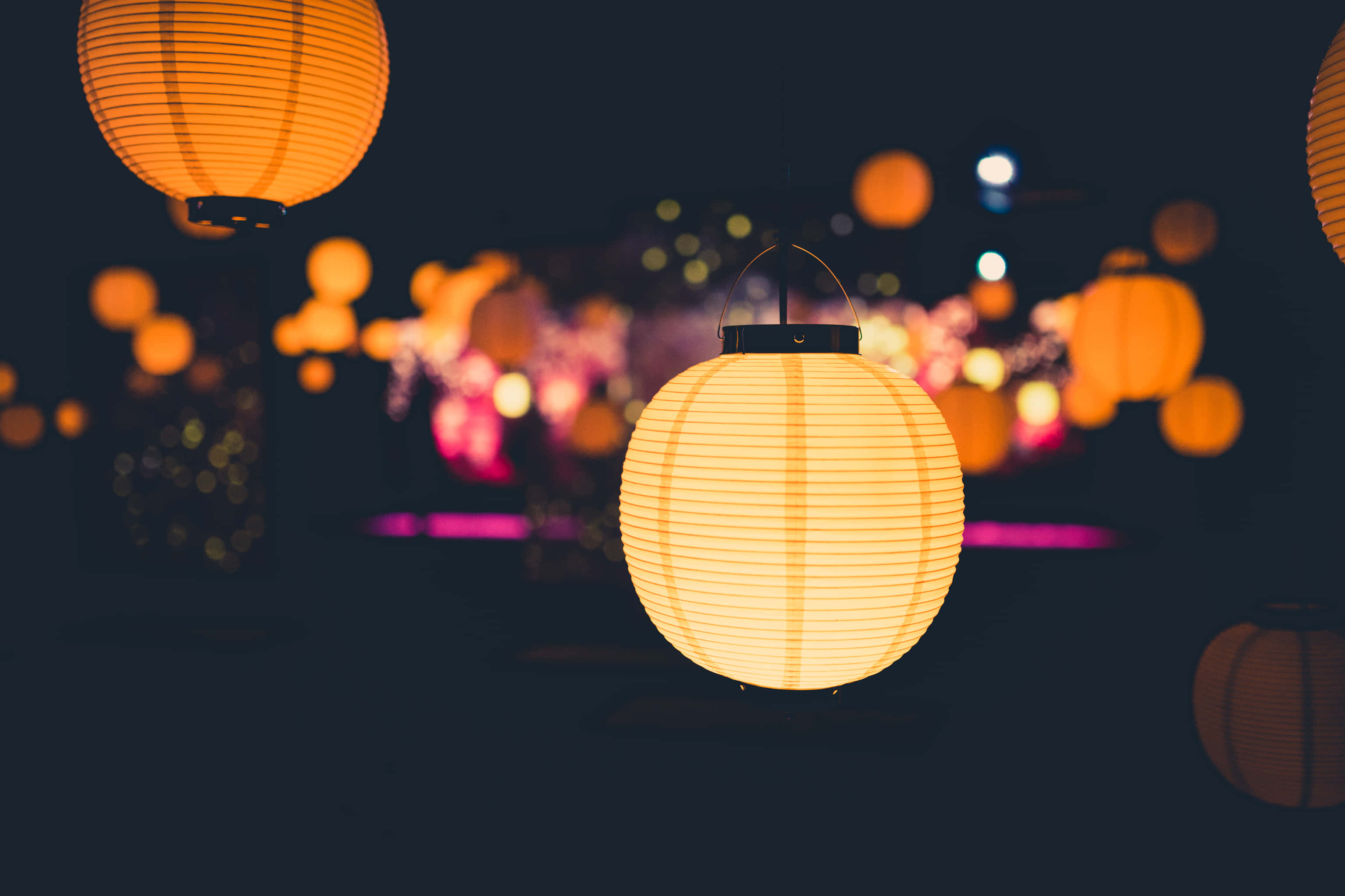 Fall Festival, paper lanterns, dark night sky, 2K Desktop Wallpaper