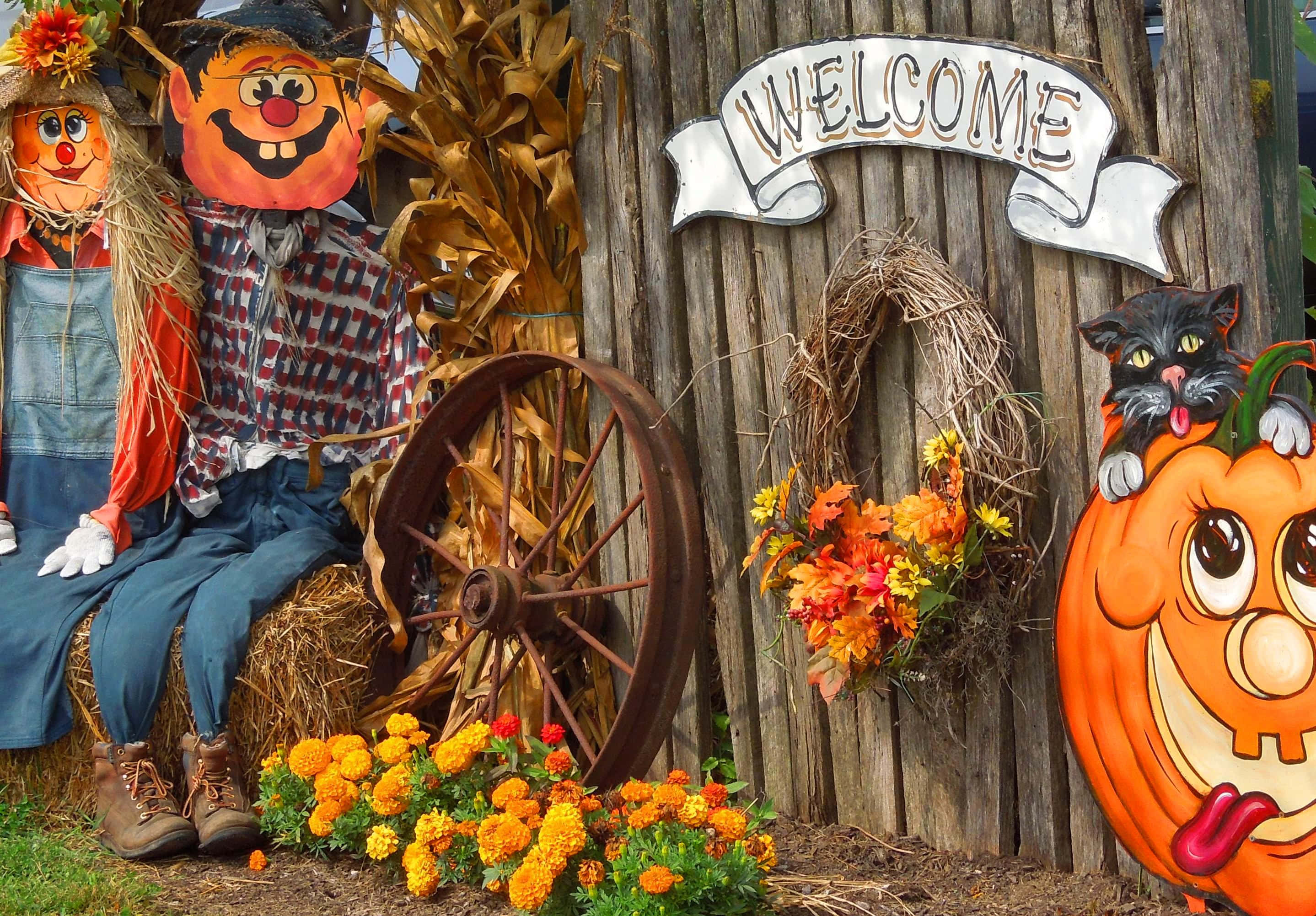 Fall Festival, scarecrows, rusty wagon wheel, 2K Desktop Wallpaper