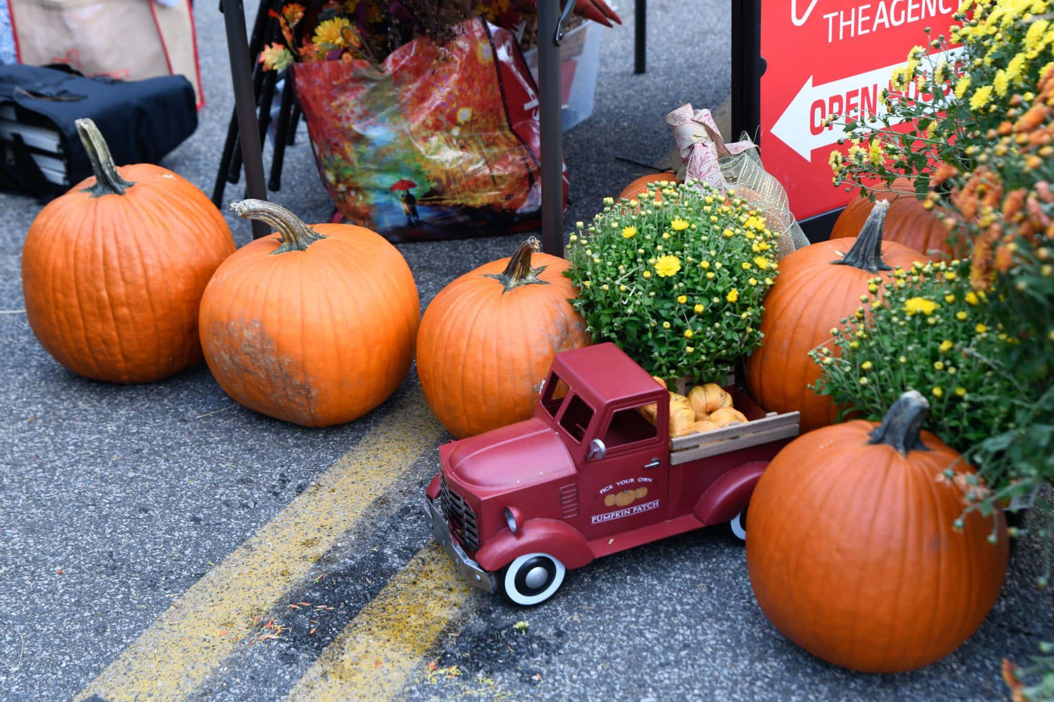 Fall Festival, red toy truck, pumpkins, Full HD Desktop Wallpaper