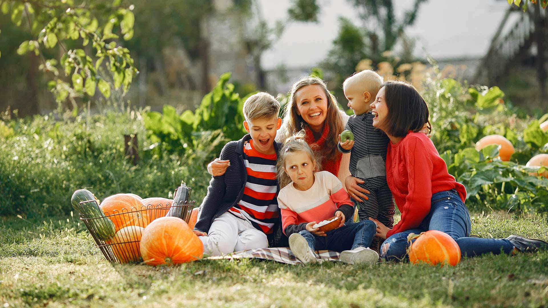 Fall Festival, family of five, grass, Full HD Desktop Wallpaper
