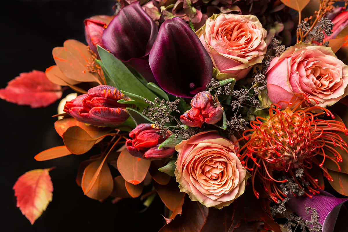 fall flowers, deep purple calla lilies, peach roses, SD Desktop Wallpaper