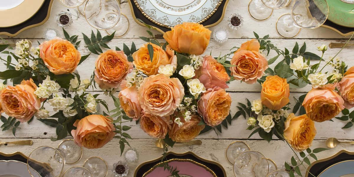 peach roses, white blooms, gold-rimmed plates, SD Desktop Wallpaper