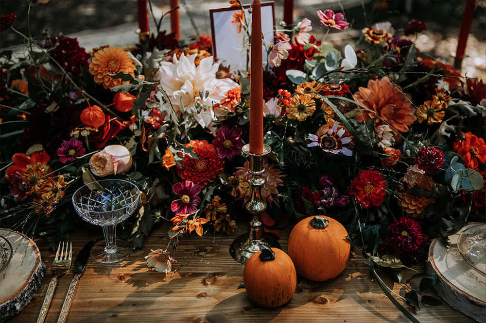 Fall Flowers, rustic autumn table, pumpkins, SD Desktop Wallpaper