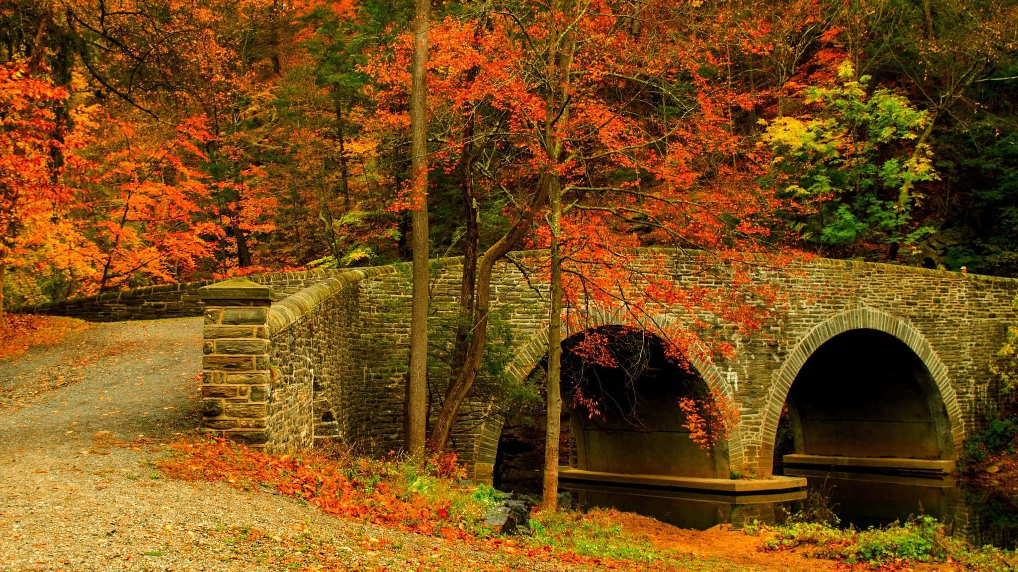 autumn colors, 2048 x 1152, stone arch bridge, Full HD Desktop Wallpaper
