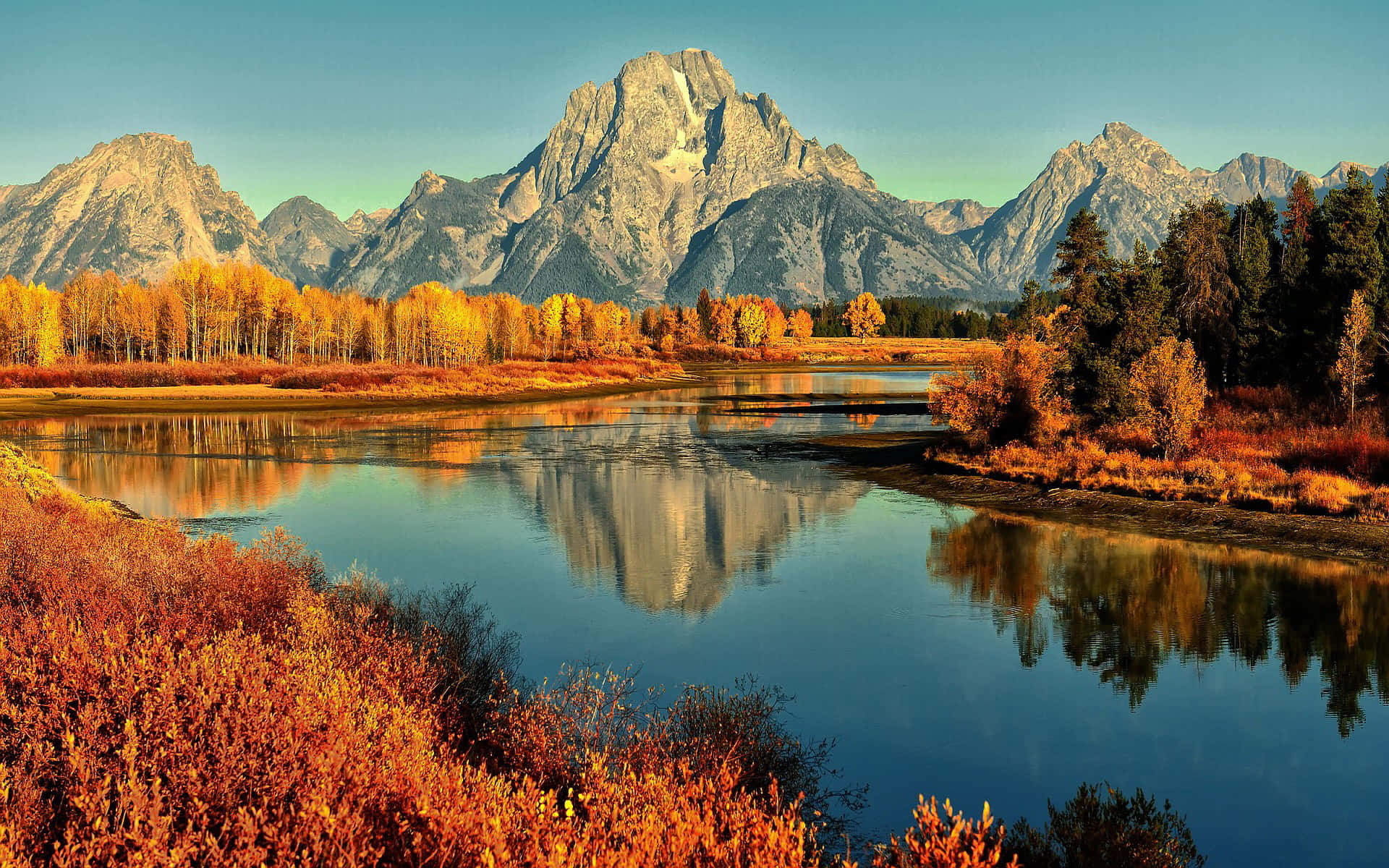 Fall Forest, autumn river, snow-capped mountains, Full HD Desktop Wallpaper