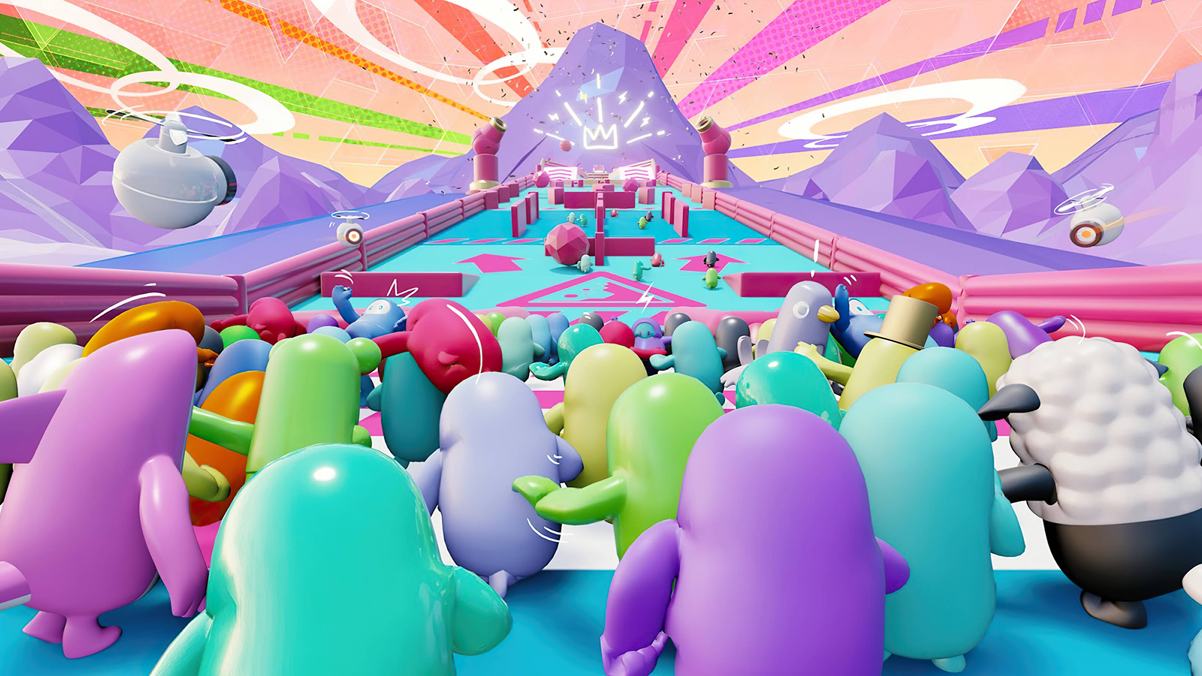 Fall Guys Ultimate Knockout, start game scene, neon mountains, 4K Desktop Wallpaper