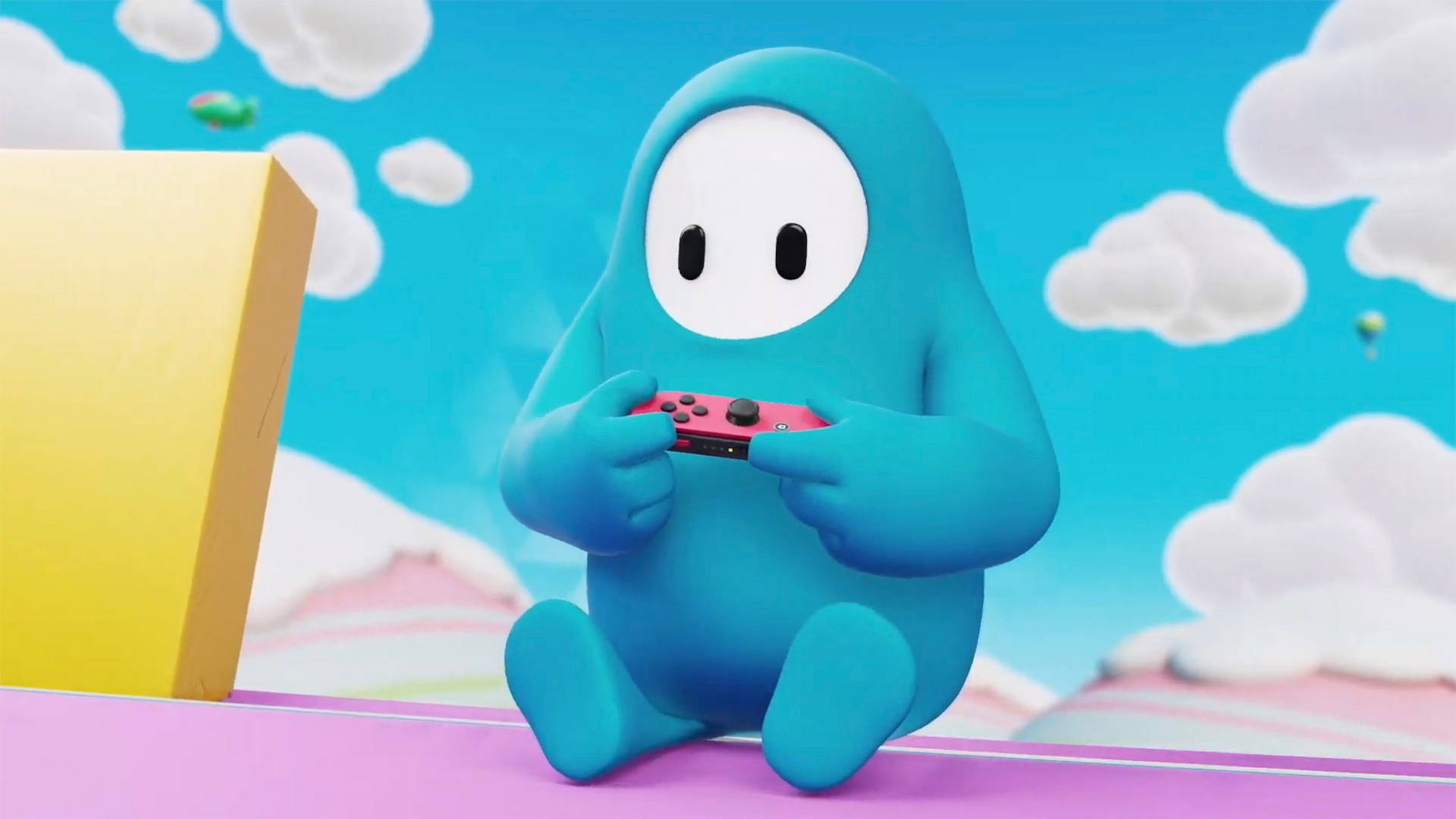 Fall Guys: Ultimate Knockout, blue cartoon character, pink platform, Full HD Desktop Wallpaper