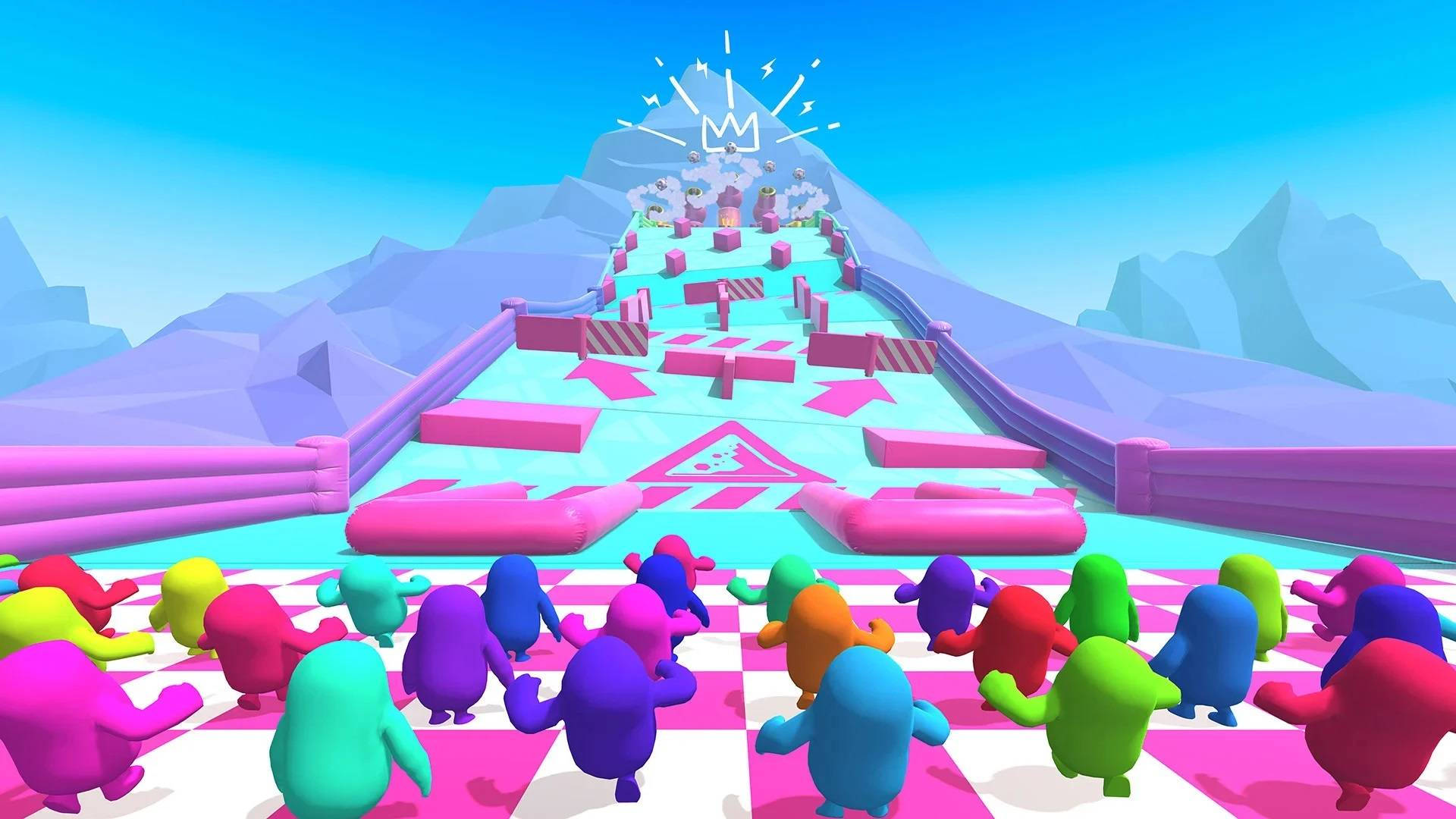 Fall Guys, Speed Slider, vibrant pink and blue mountain obstacle course, Full HD Desktop Wallpaper