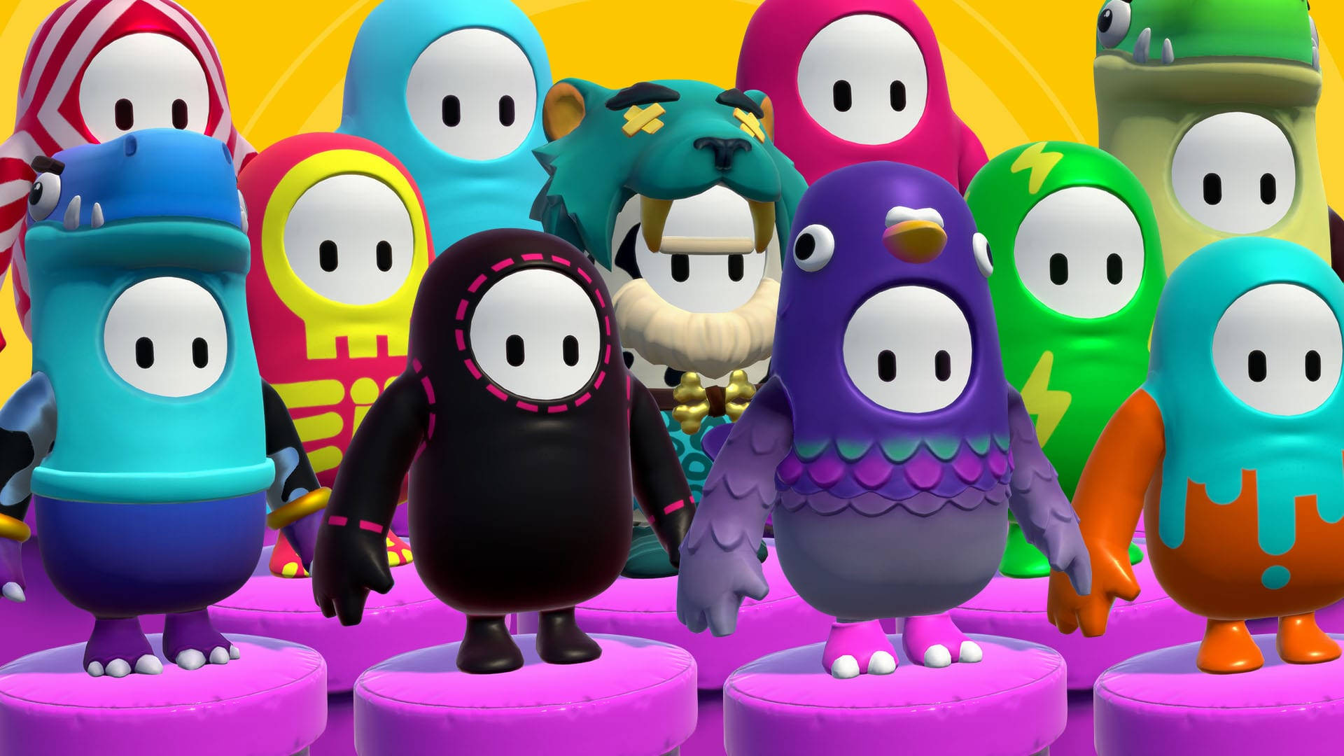 Fall Guys Ultimate Knockout, character skins, purple platforms, Full HD Desktop Wallpaper