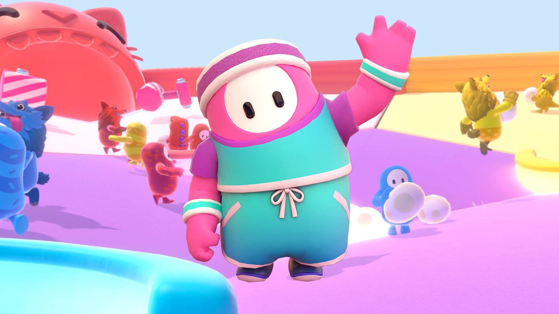 Fall Guys Ultimate Knockout, Rookie Skin, pink character, Full HD Desktop Wallpaper