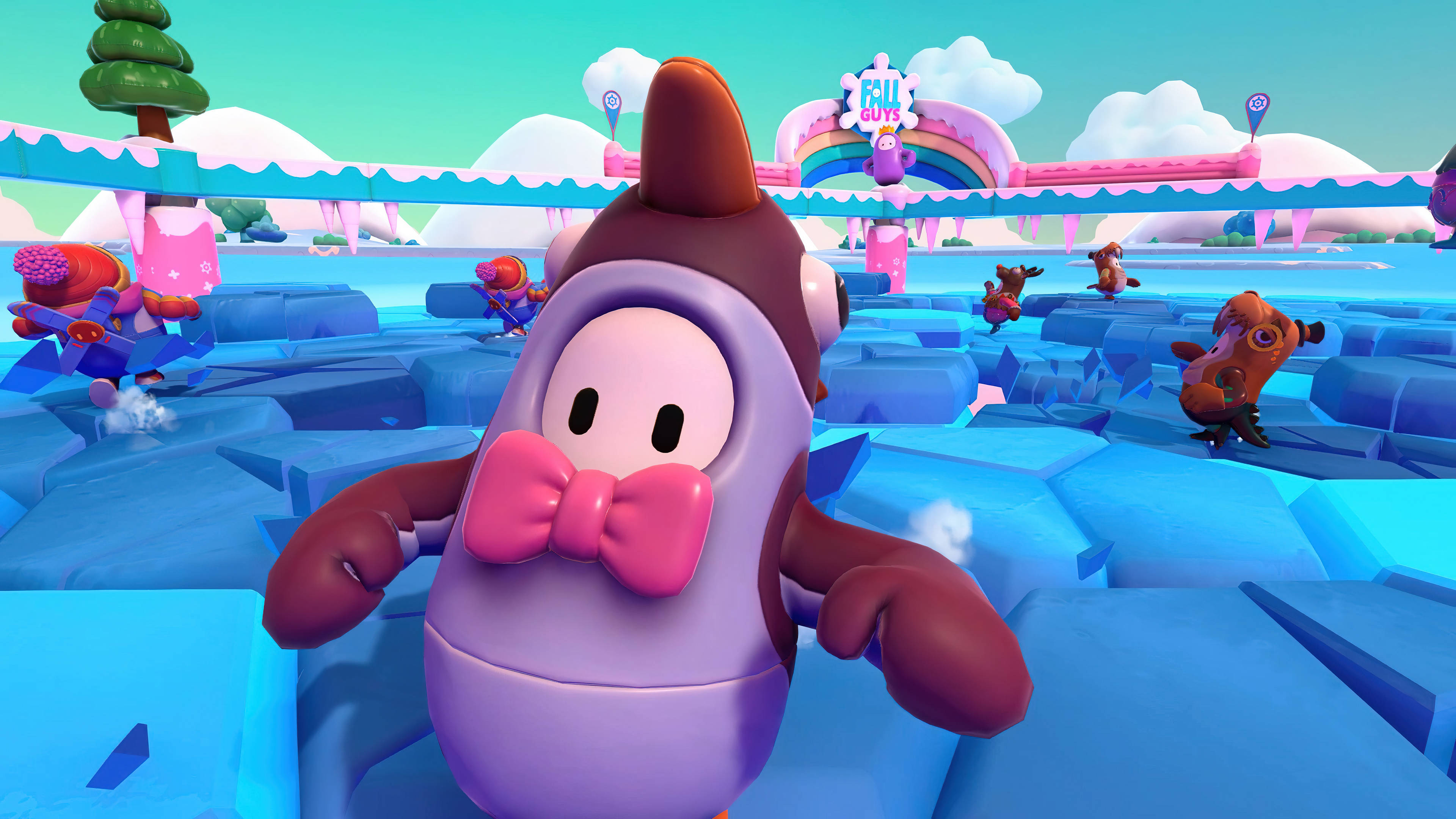 Fall Guys Ultimate Knockout, purple character, pink bow, 4K Desktop Wallpaper