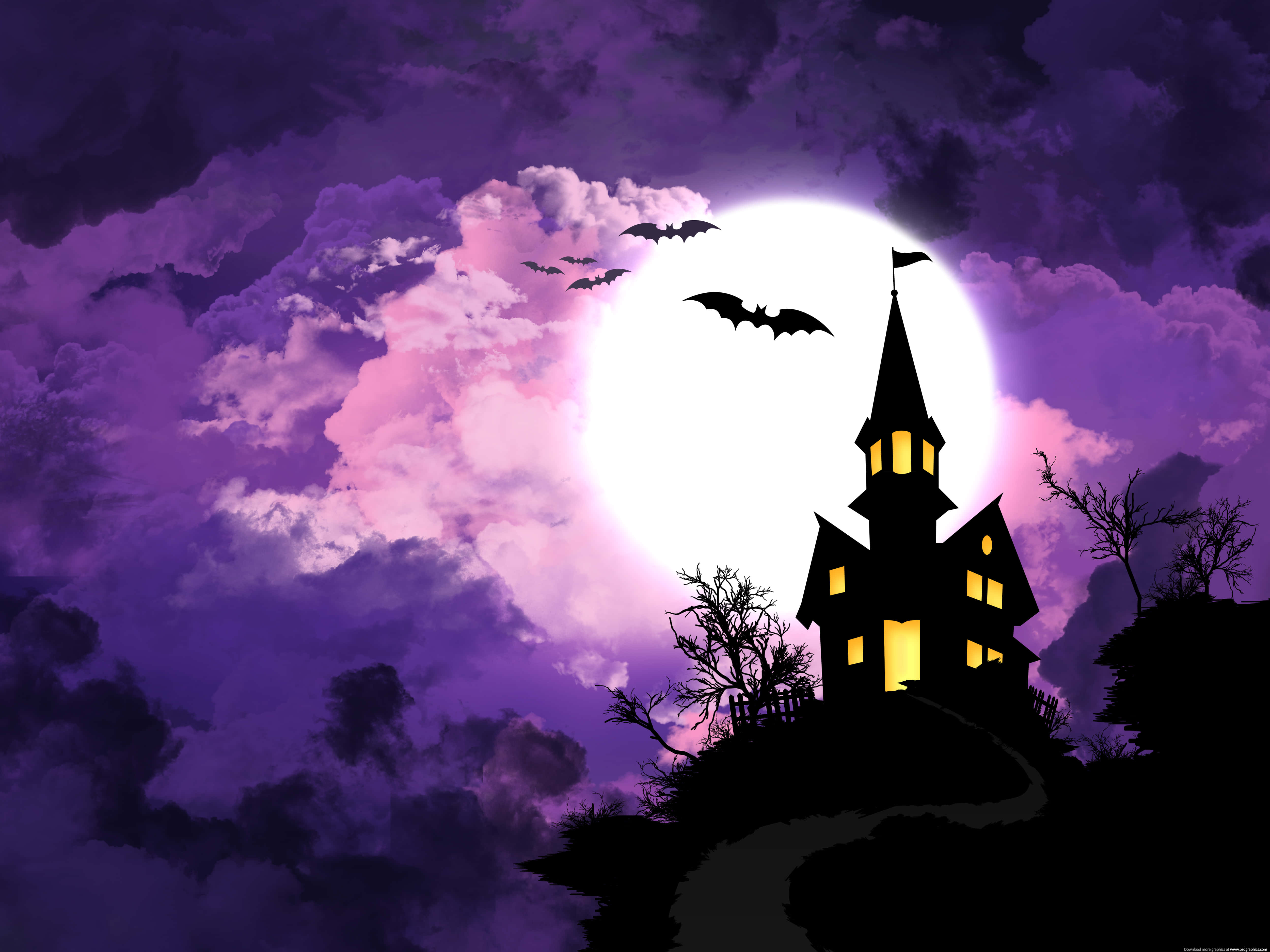 purple halloween, haunted house silhouette, full moon, 4K Desktop Wallpaper