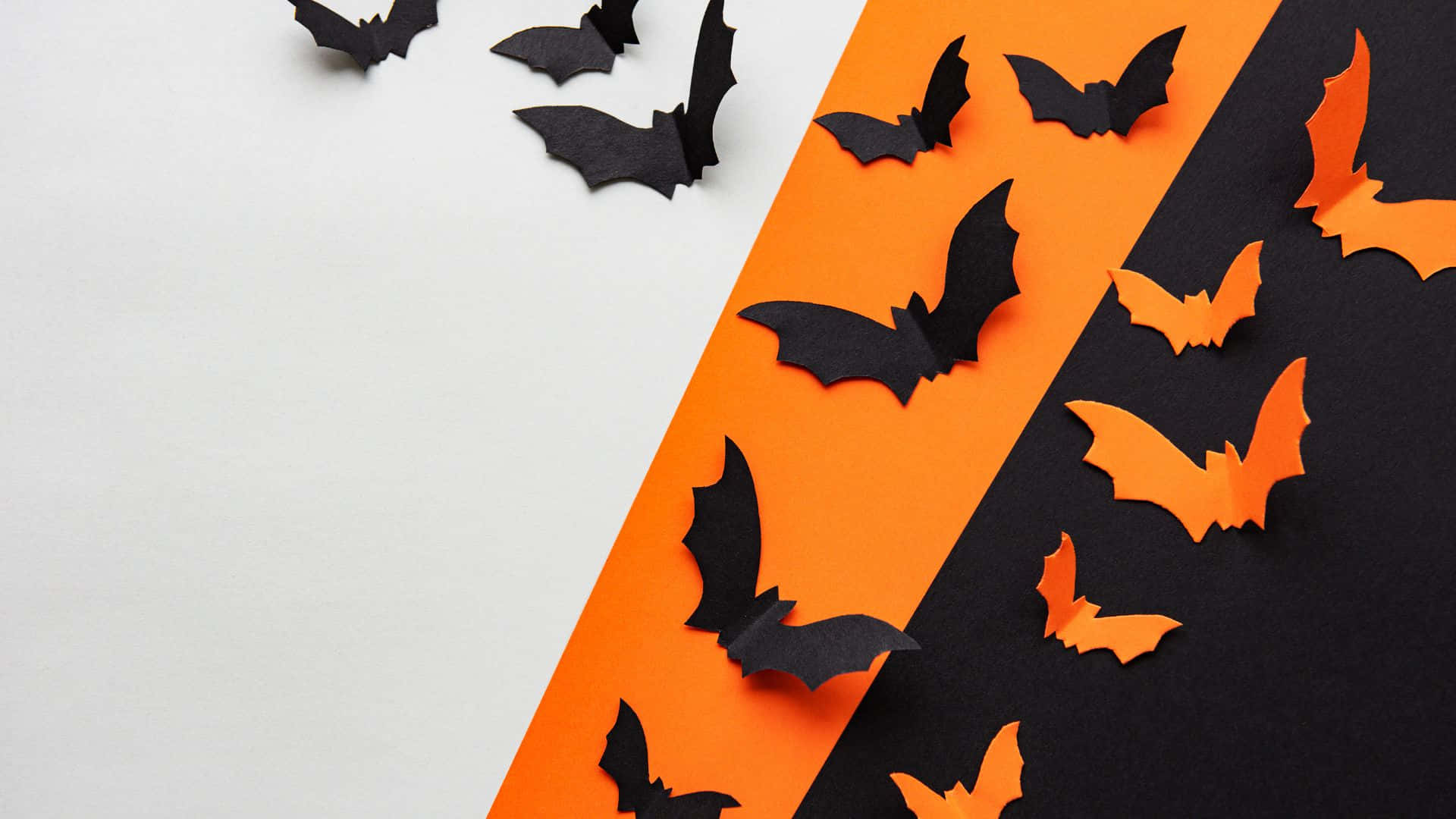 Halloween Crafts, black and orange paper bats, diagonal split, Full HD Desktop Wallpaper