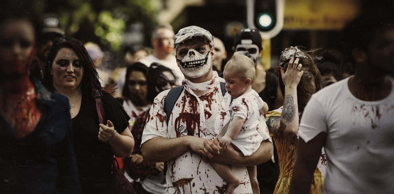 Halloween parade, skull face paint, baby in a blood-splattered costume, HD Desktop Wallpaper