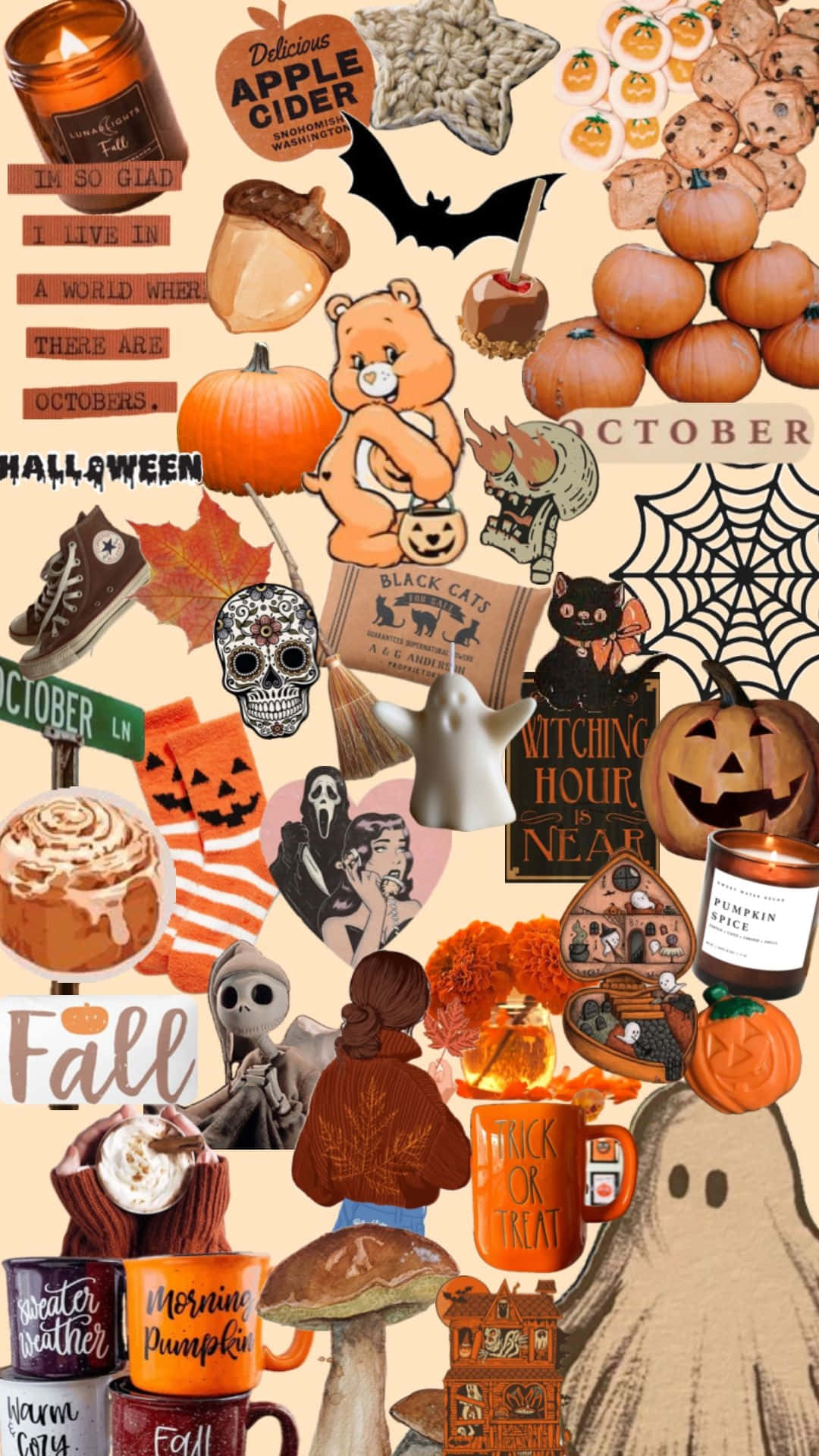Fall Halloween Collage Aesthetic, pumpkins, candles, Full HD Phone Wallpaper