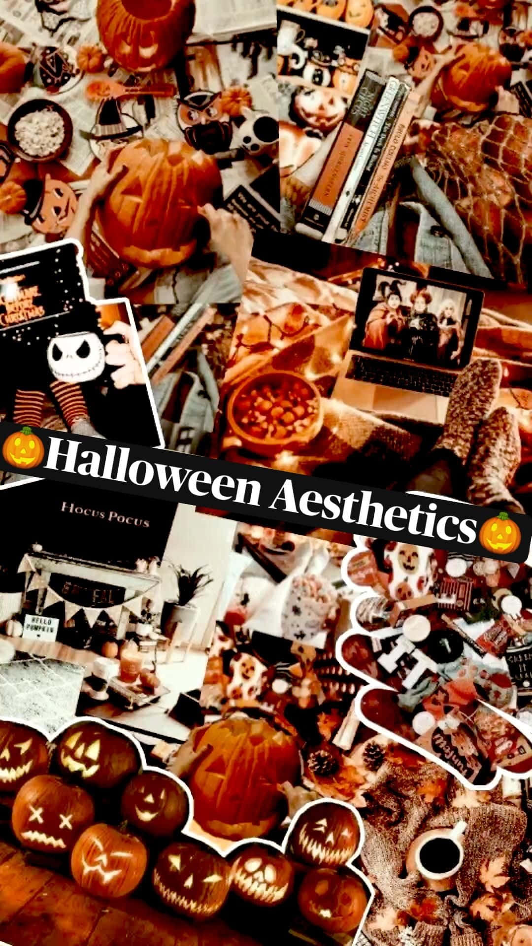 Halloween Aesthetic Collage, carved pumpkins, books, Full HD Phone Wallpaper
