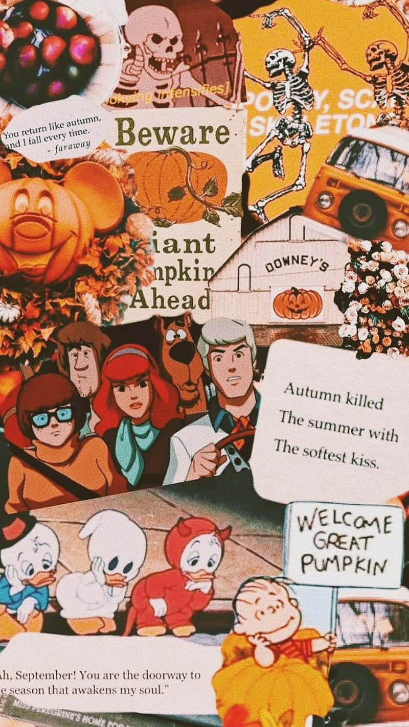 Fall Halloween Collage Aesthetic, Halloween-themed cartoon characters, pumpkins, HD Phone Wallpaper