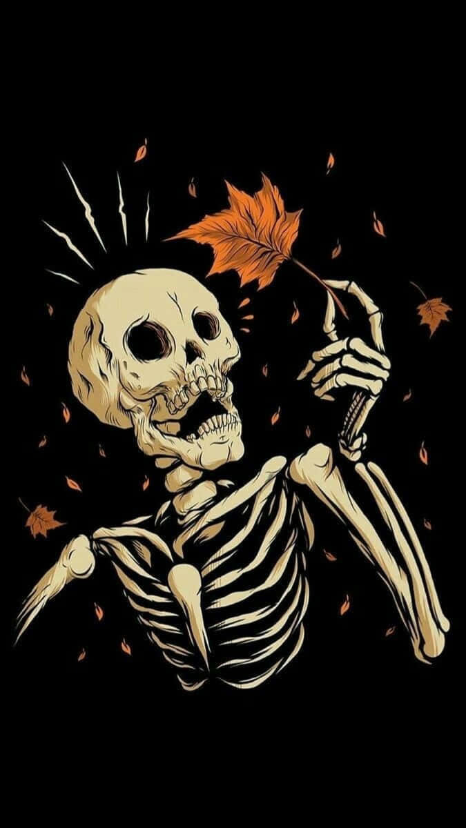 autumn skeleton, orange maple leaf, black background, SD Phone Wallpaper