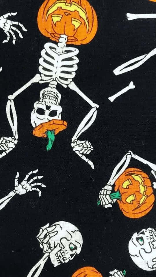 Fall Halloween iPhone, black fabric pattern, white skeletons, SD Phone Wallpaper