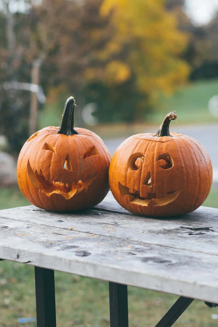 jack-o'-lanterns, weathered wooden picnic table, outdoors, SD Phone Wallpaper