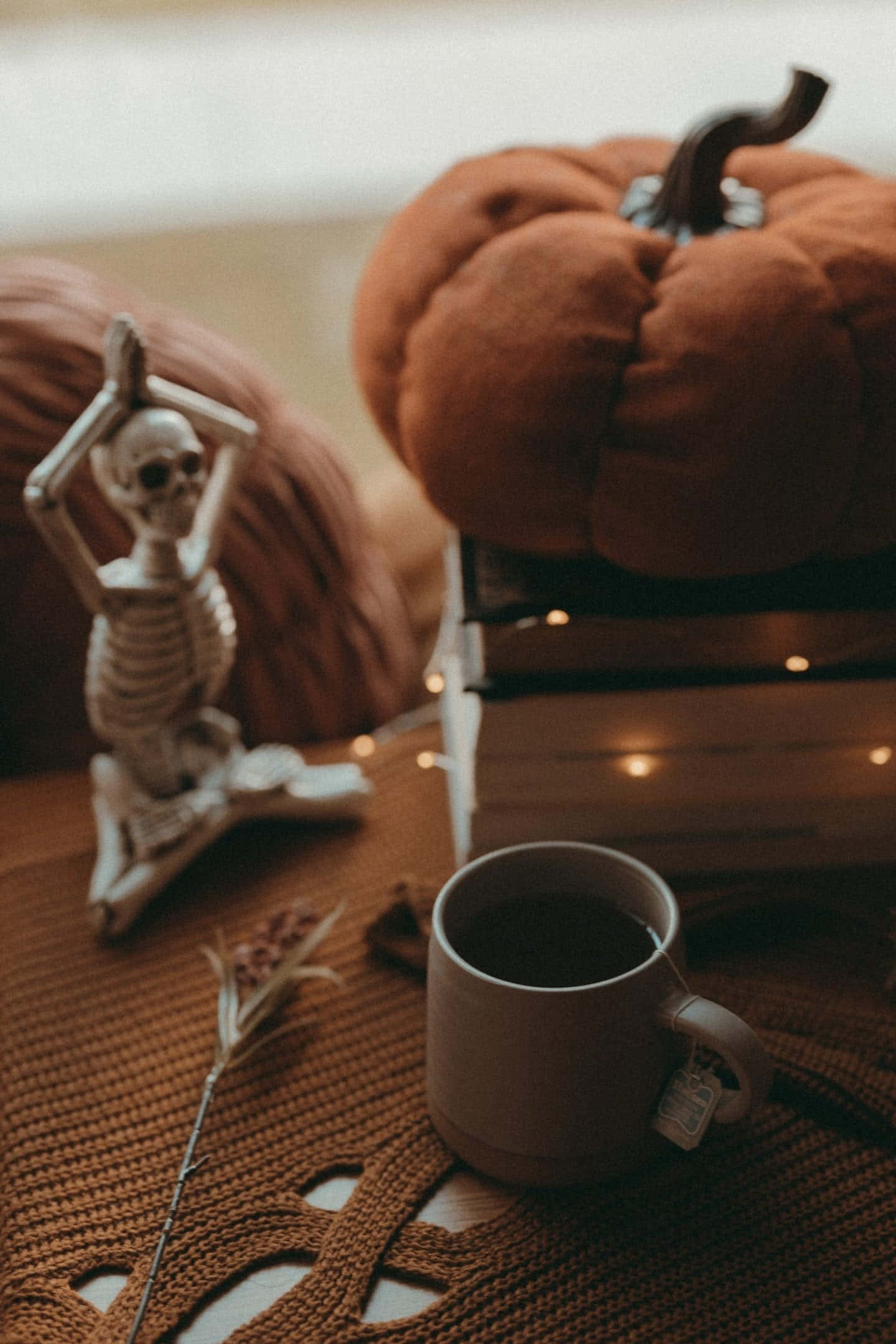 Fall Halloween iPhone, mug of tea, plush pumpkin, Full HD Phone Wallpaper