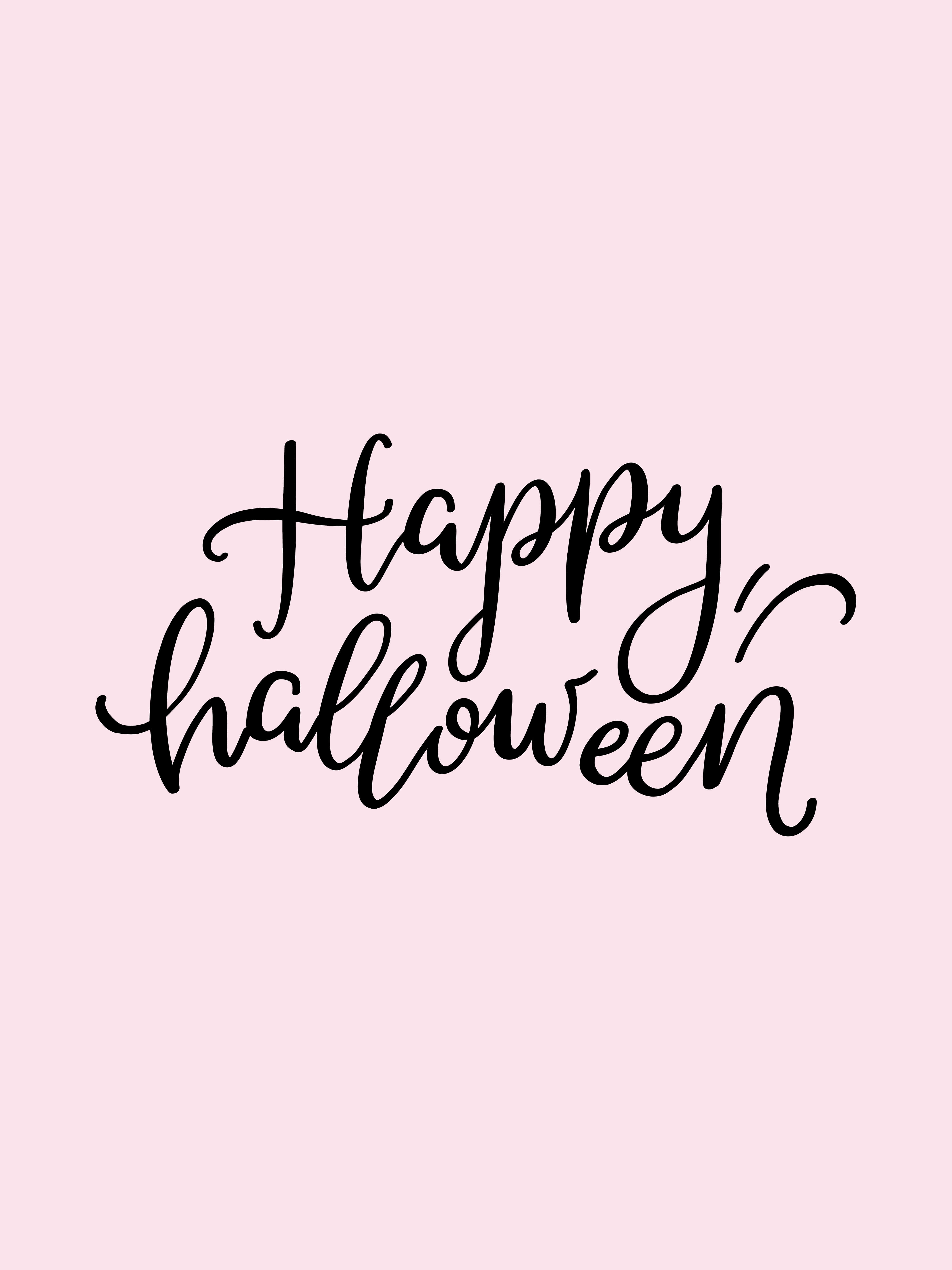 Girly Halloween, black calligraphic 'Happy Halloween' text, soft pink background, 5K Phone Wallpaper