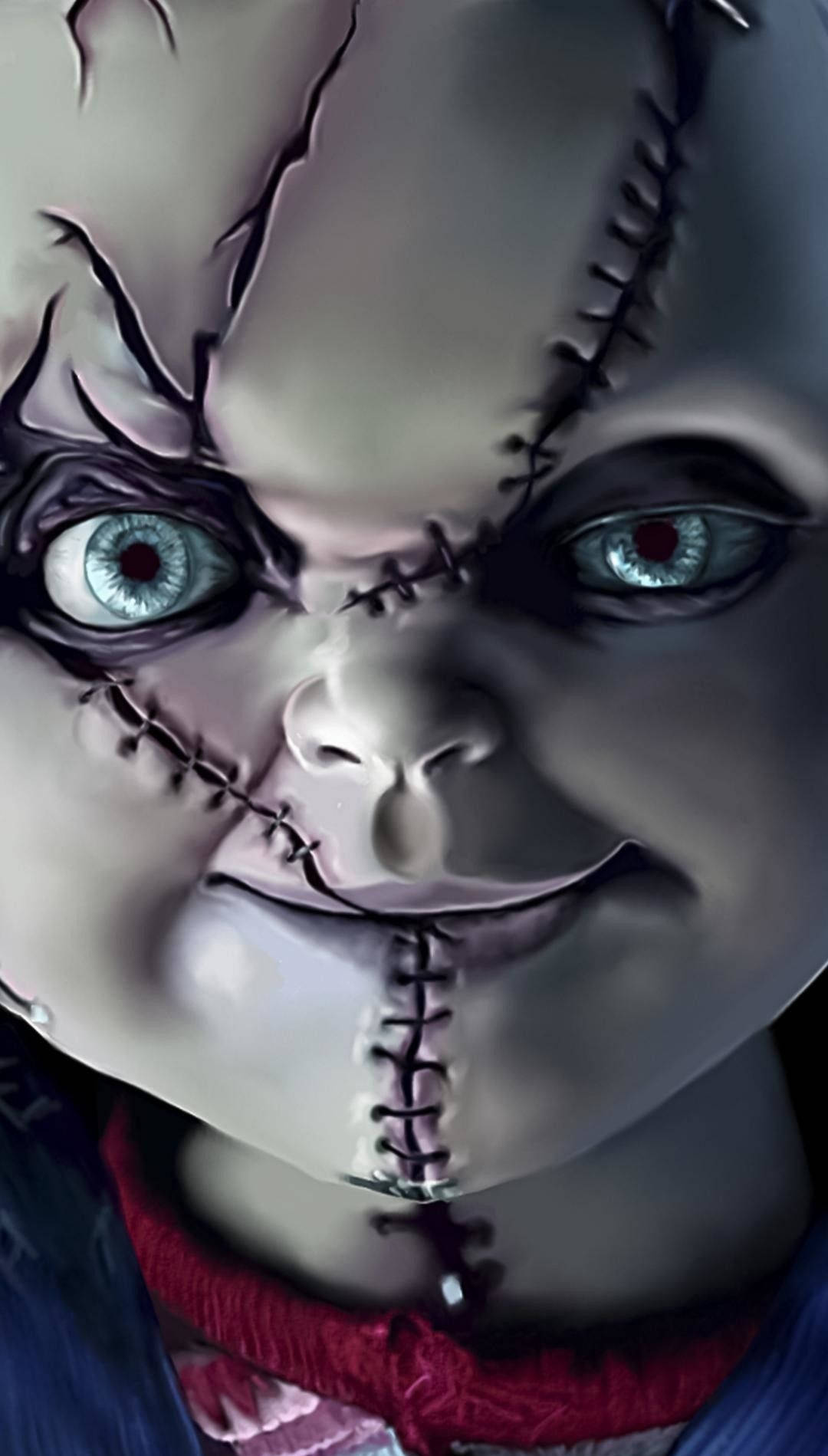 scary Halloween-themed iPhone, stitched doll face, glowing blue eyes, HD Phone Wallpaper