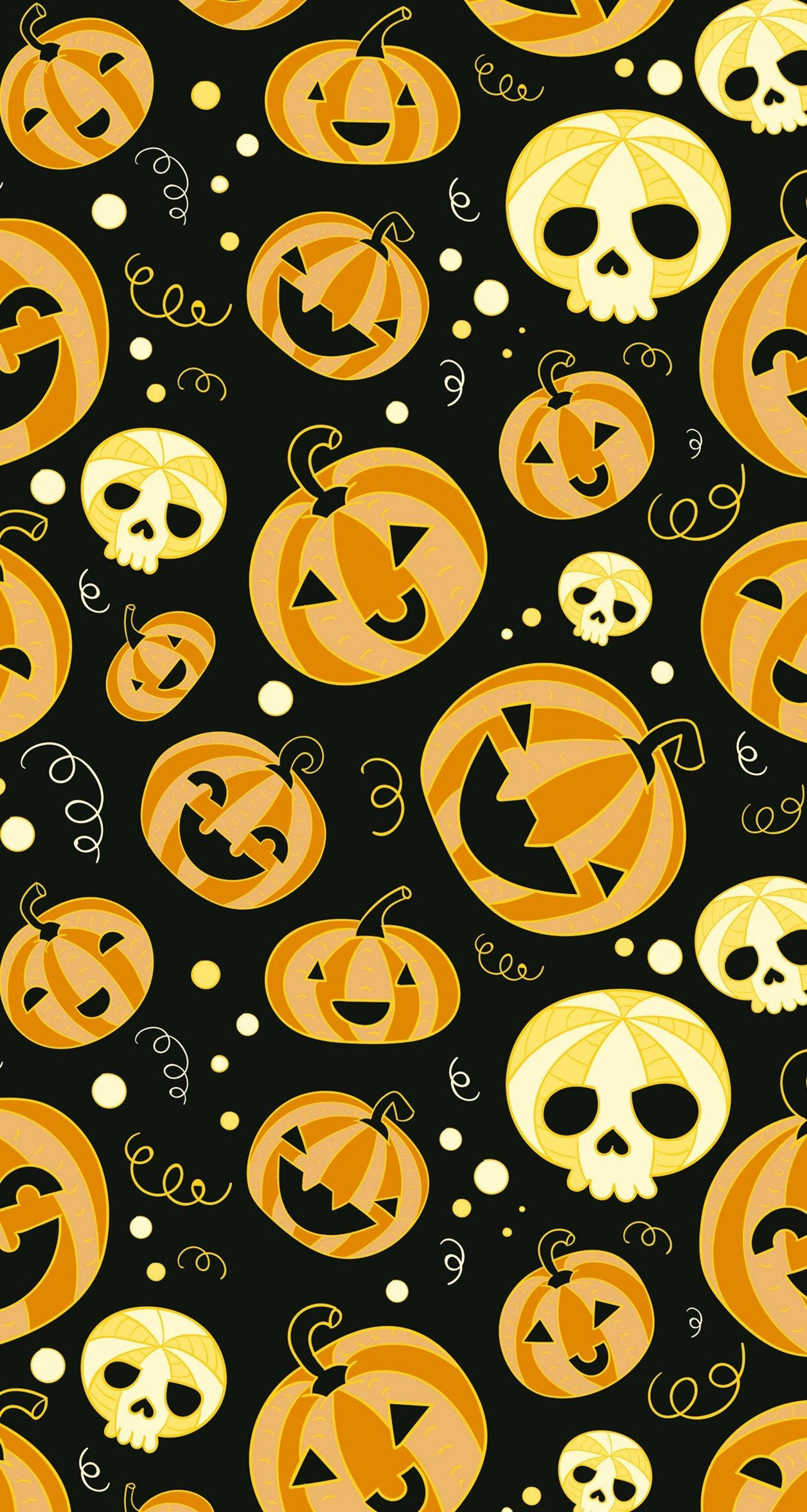 orange jack-o'-lanterns, yellow skulls, black background, Full HD Phone Wallpaper