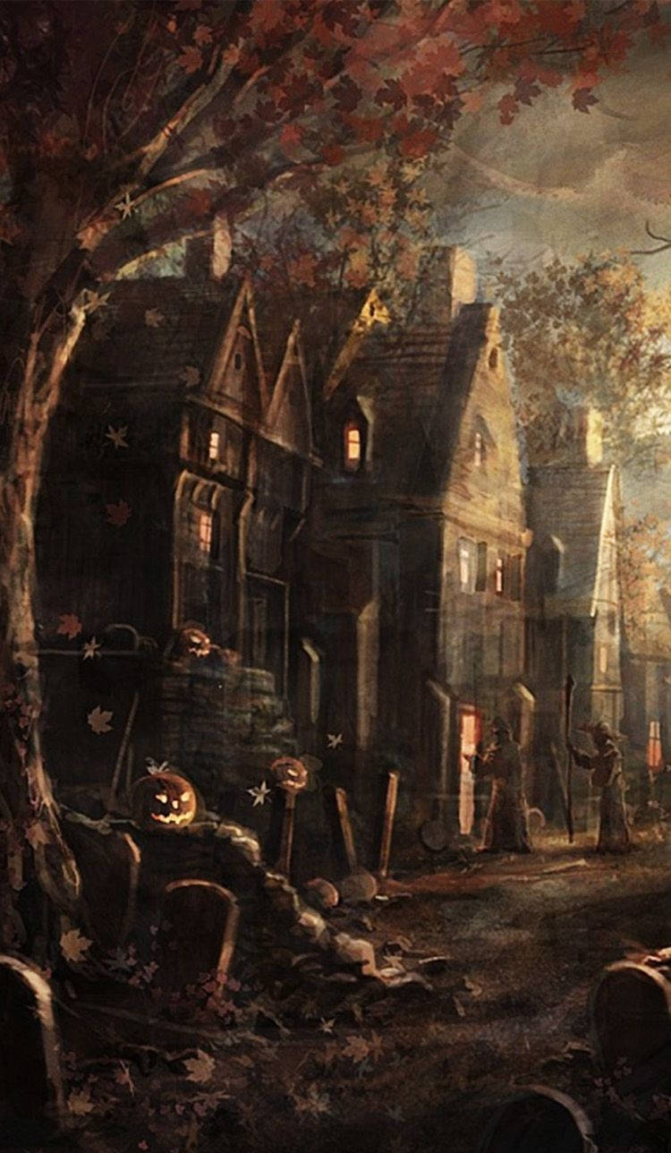 scary halloween iphone, spooky autumnal village, dusk, HD Phone Wallpaper