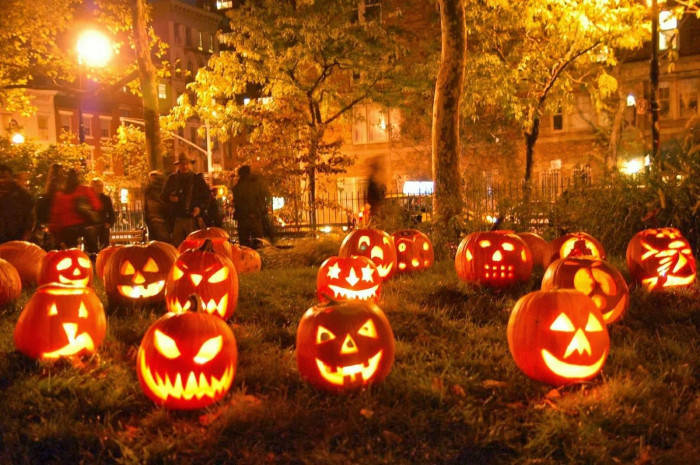 jack-o'-lanterns, grassy park, night, SD Desktop Wallpaper