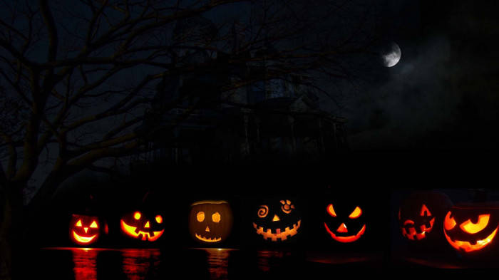 jack-o'-lantern, crescent moon, bare trees, SD Desktop Wallpaper
