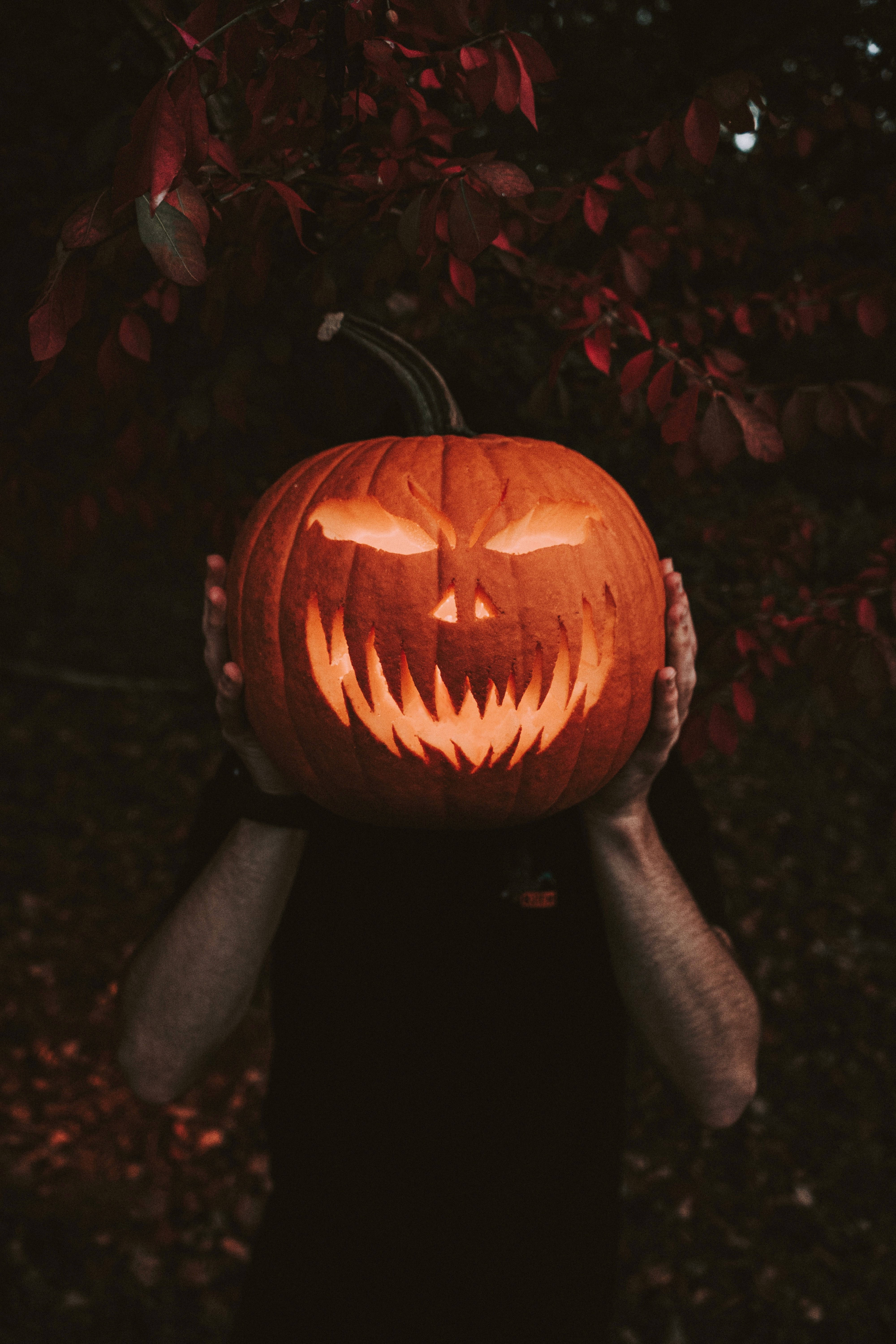 jack-o'-lantern, glowing, menacing grin, 5K Phone Wallpaper