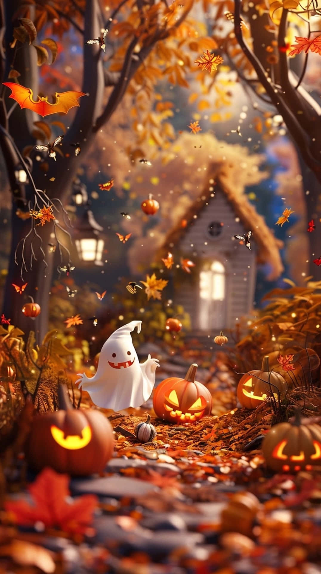 Enchanted Autumn Halloween Scene, ghost, glowing jack-o-lanterns, Full HD Phone Wallpaper