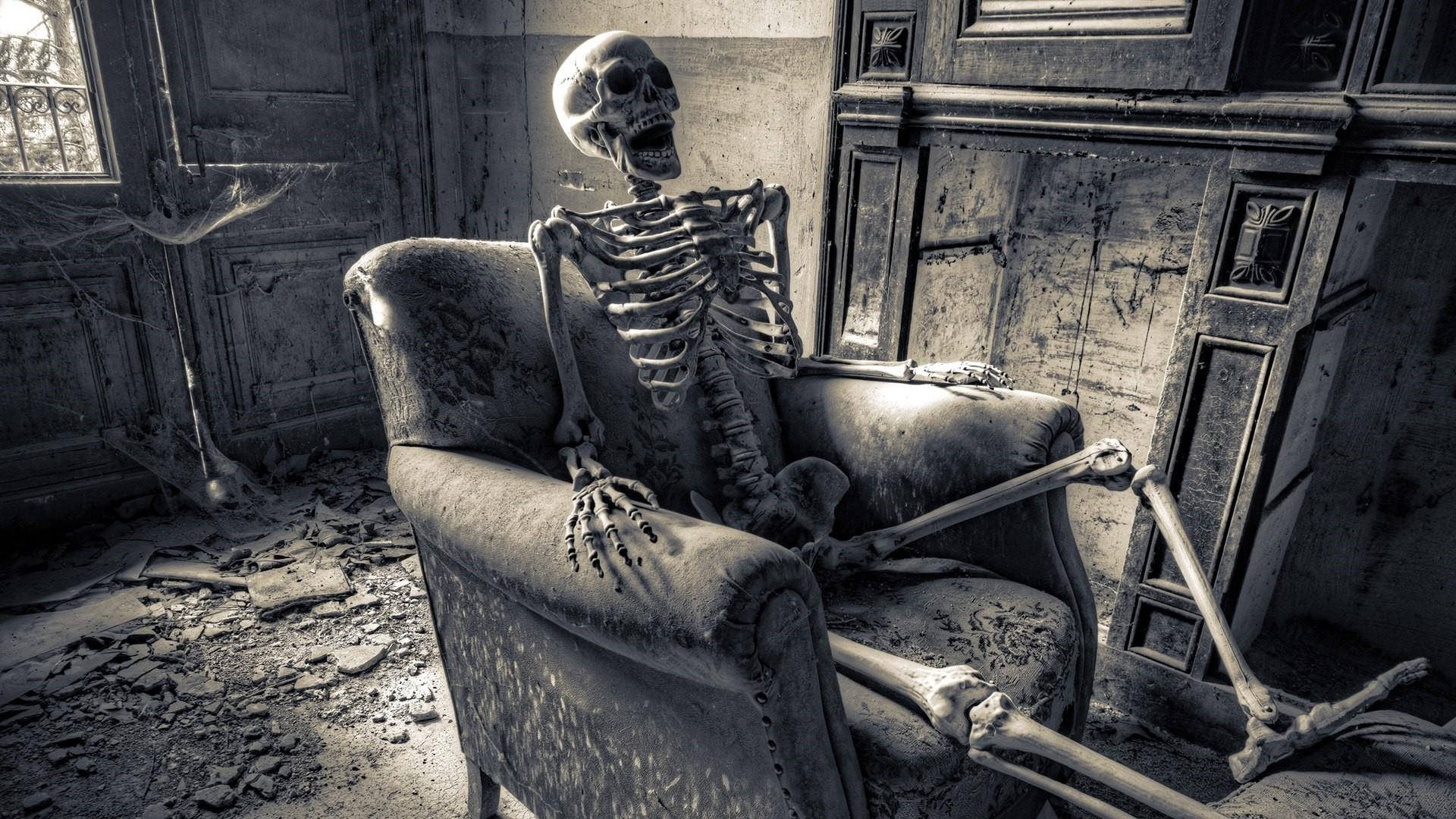 Halloween, skeleton, dusty armchair, Full HD Desktop Wallpaper