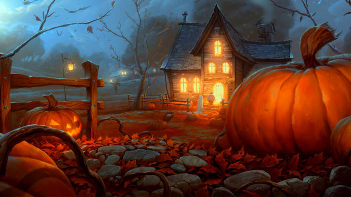 Fall Halloween, haunted house, twilight sky, SD Desktop Wallpaper