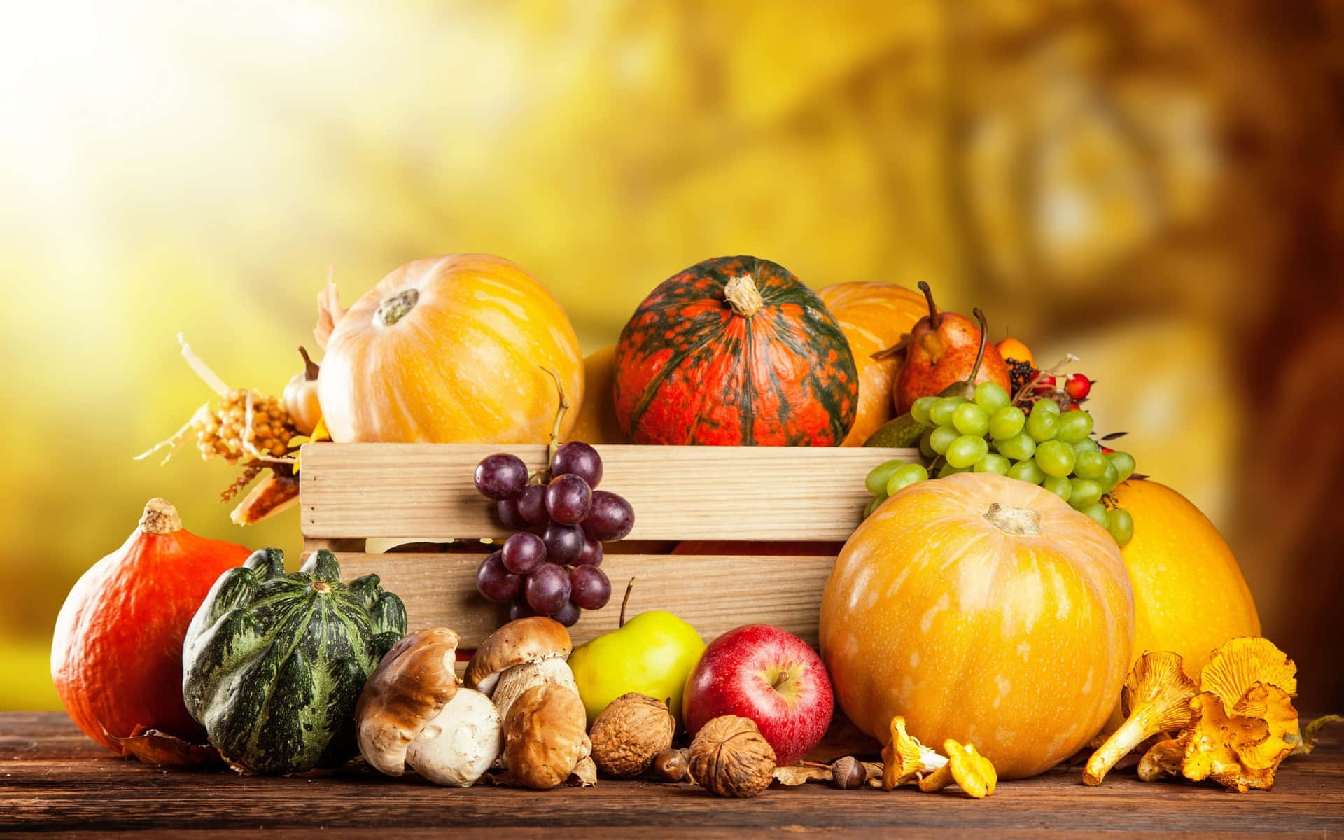 Fall Harvest, rustic wooden crate, colorful pumpkins, Full HD Desktop Wallpaper